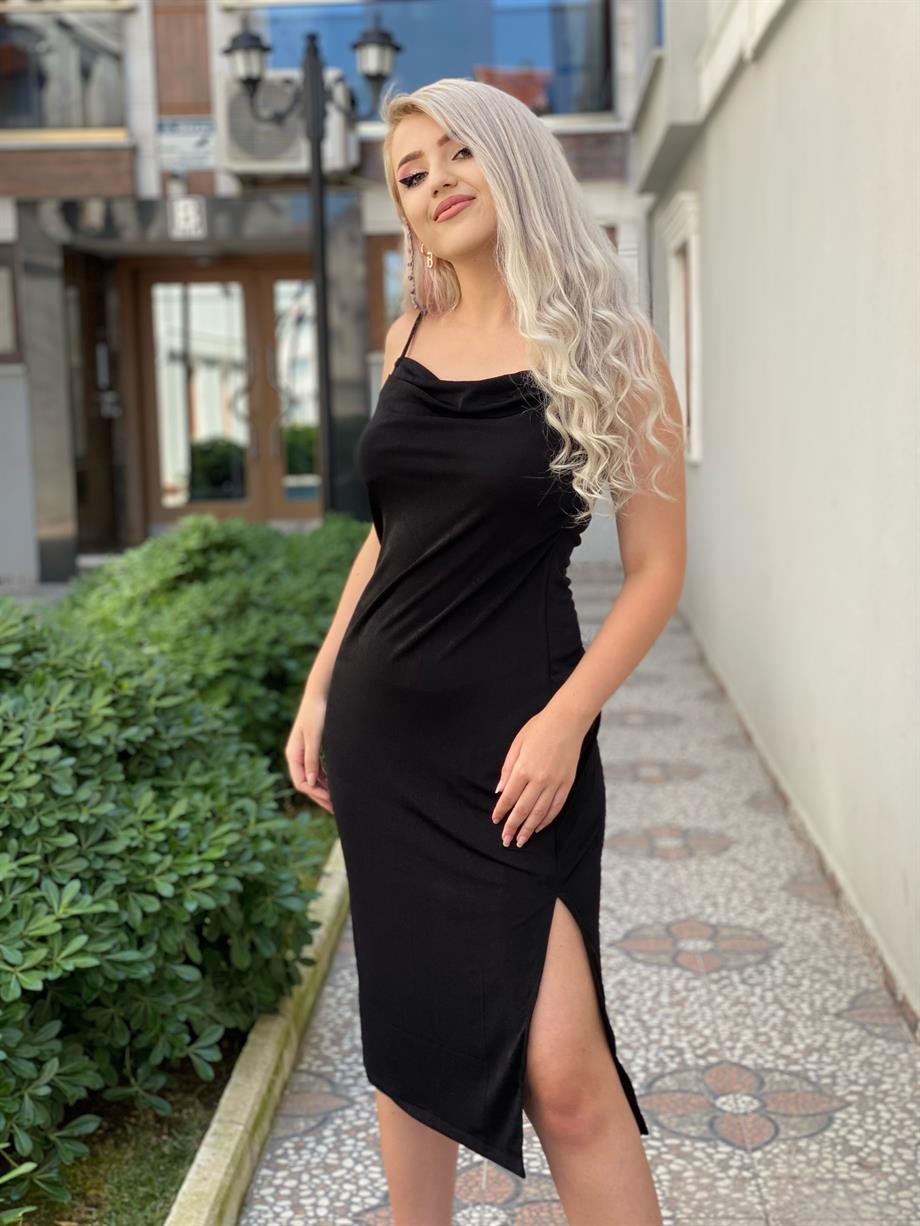Siyah Degaje Yaka Buzzi Kumaş Elbise 