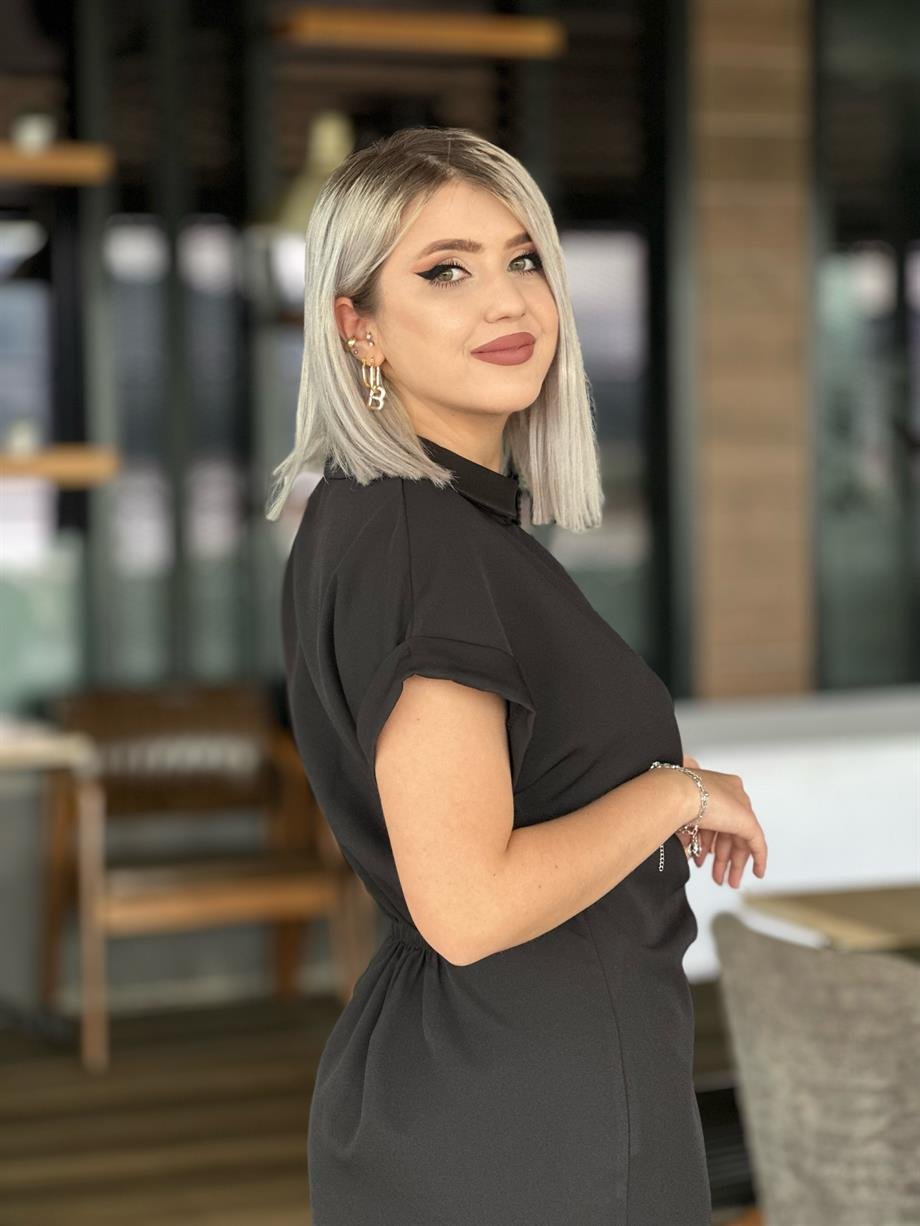 Siyah Duble Kumaş Elbise Drapeli 