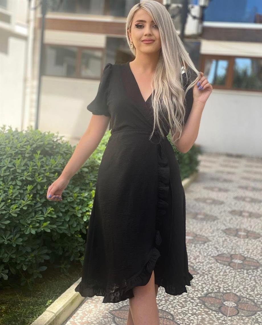 Siyah Etek Ucu Fırfırlı Keten Elbise
