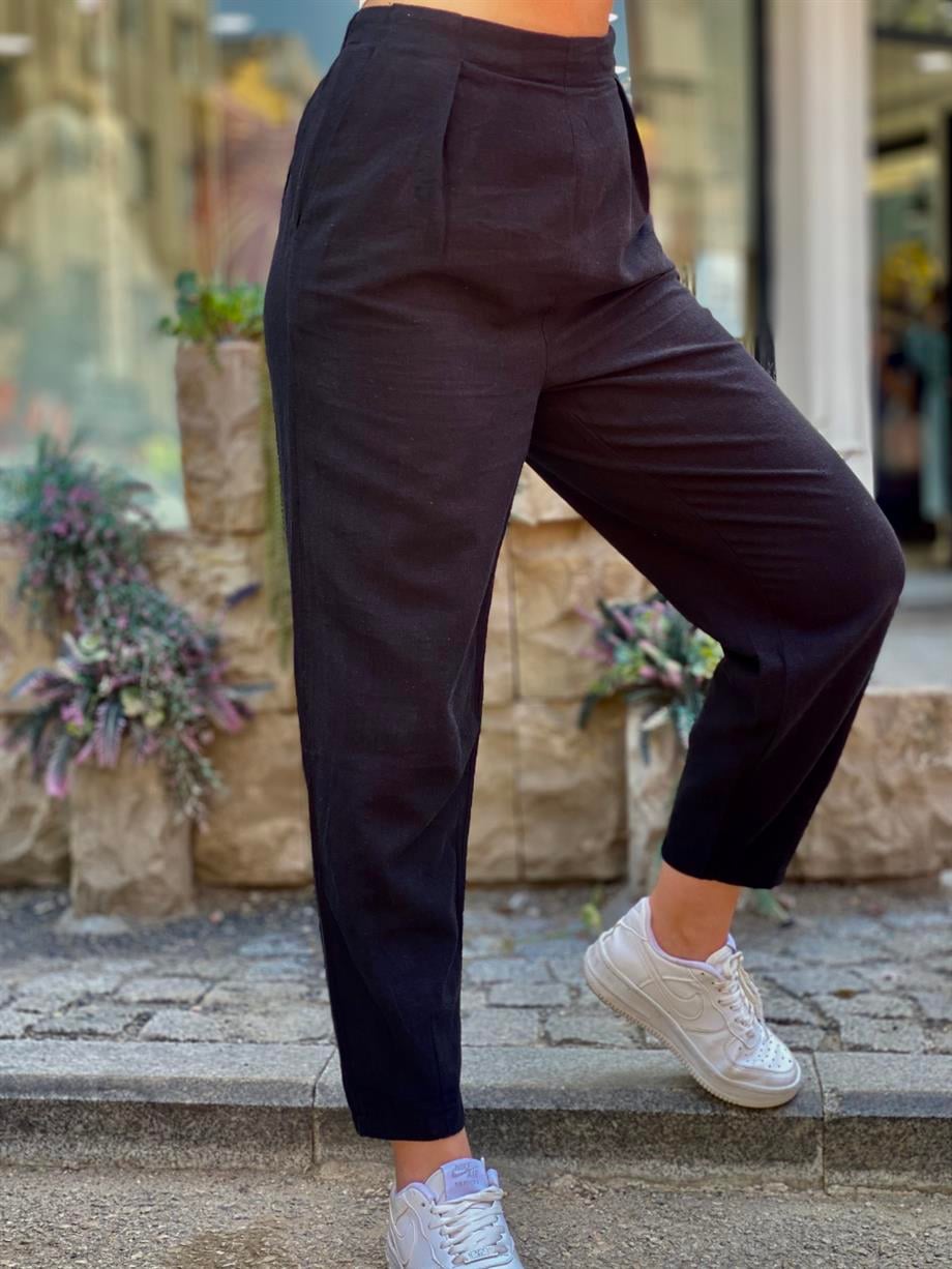 Siyah Ham Keten Pantalon
