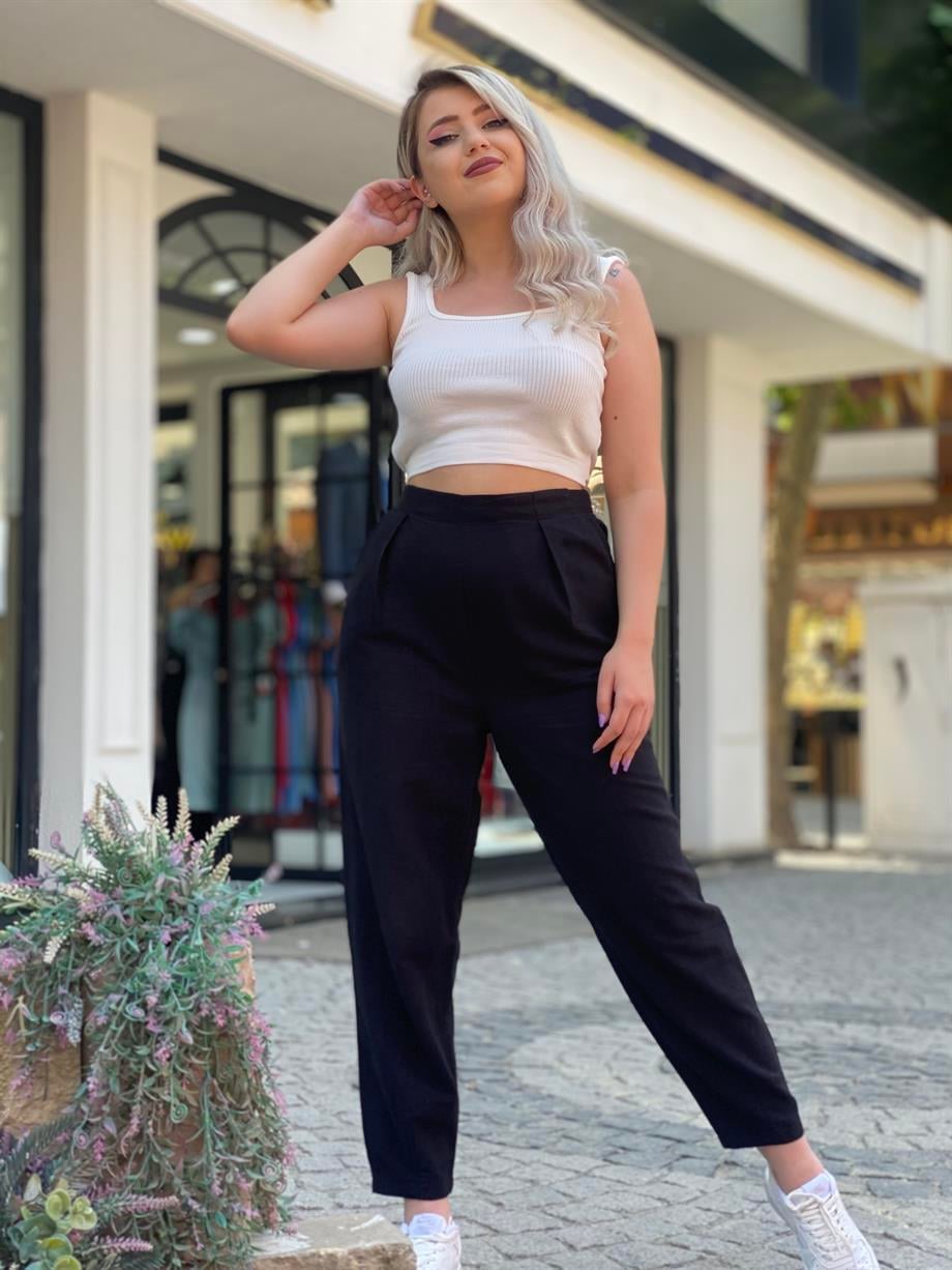 Siyah Ham Keten Pantalon