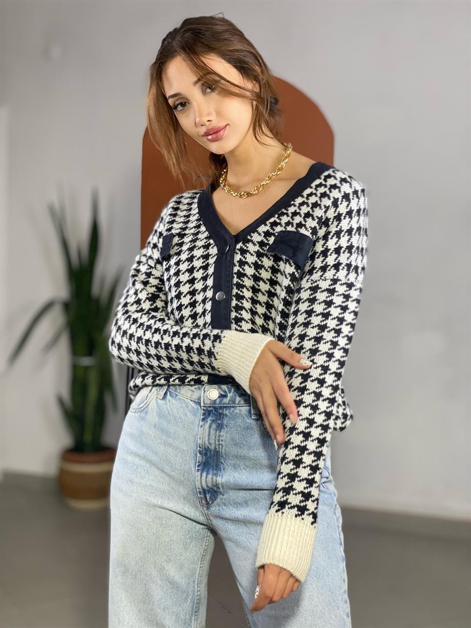 Siyah Kazayağı Desen Jean Detaylı Hırka