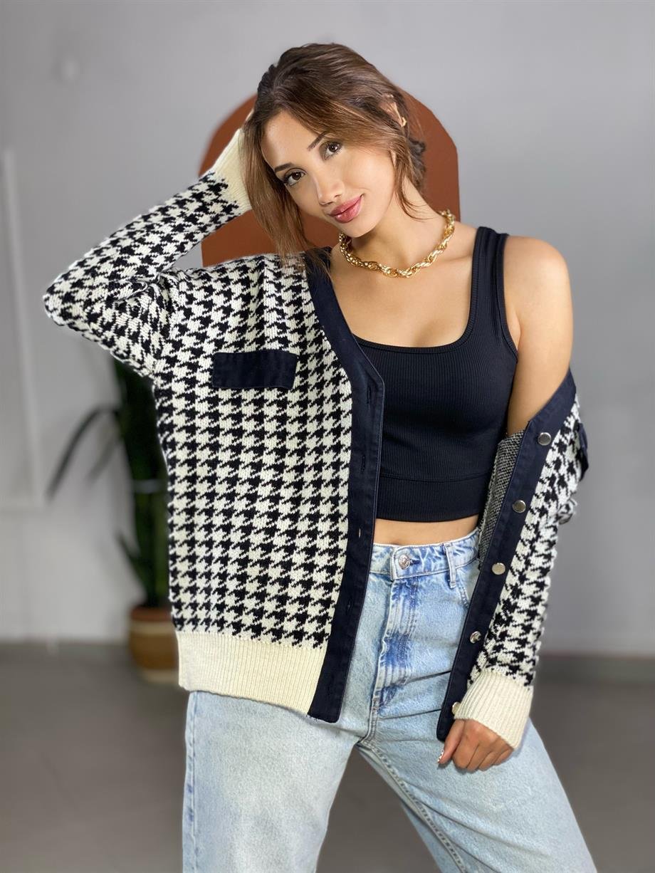 Siyah Kazayağı Desen Jean Detaylı Hırka