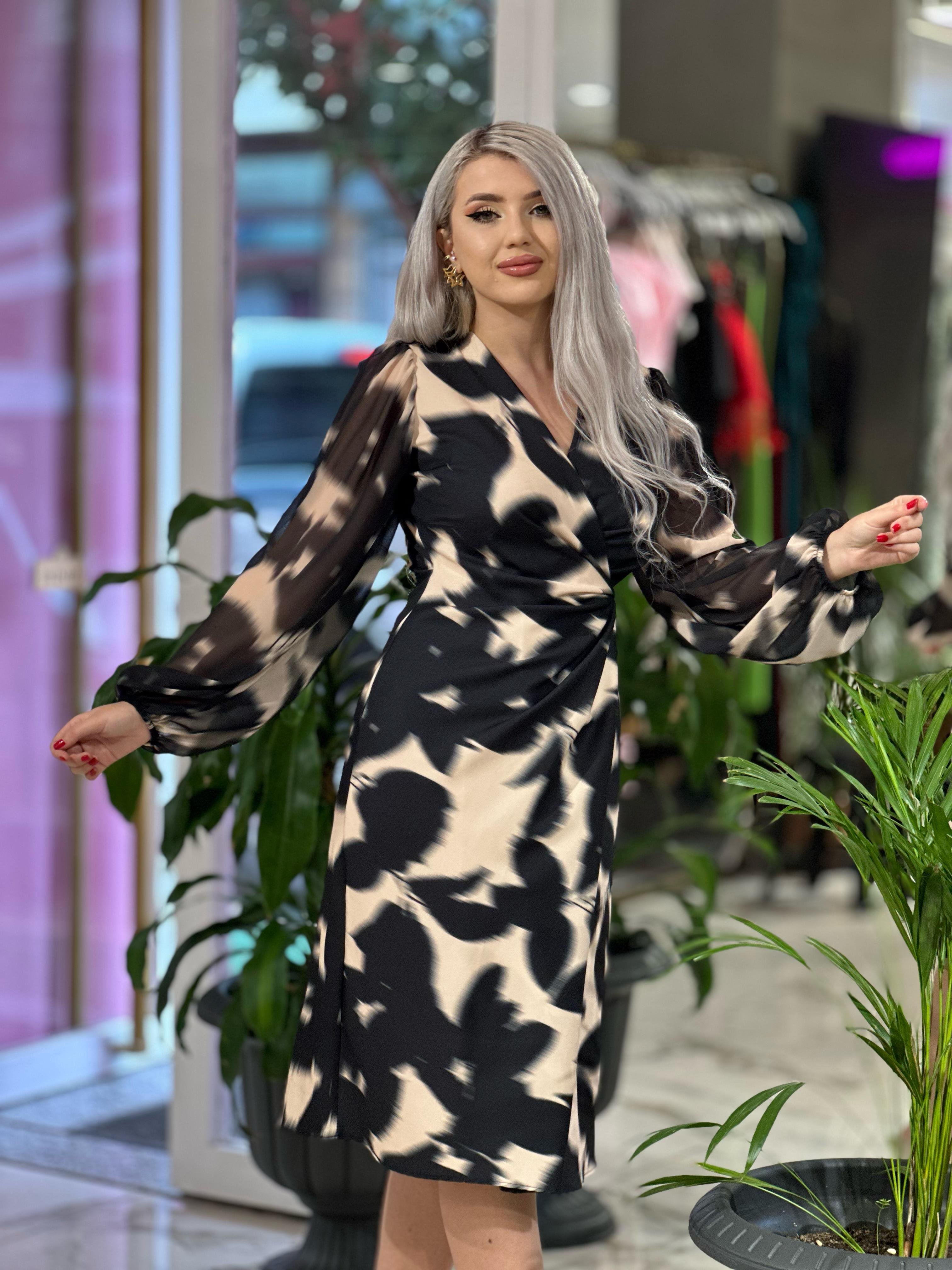 Siyah Kolları Şifon  Saten Elbise
