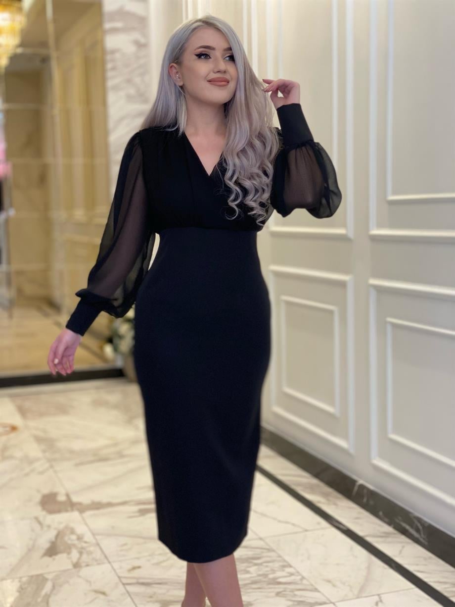 Siyah Kruvaze Yaka Şifon Kol Kalem Elbise