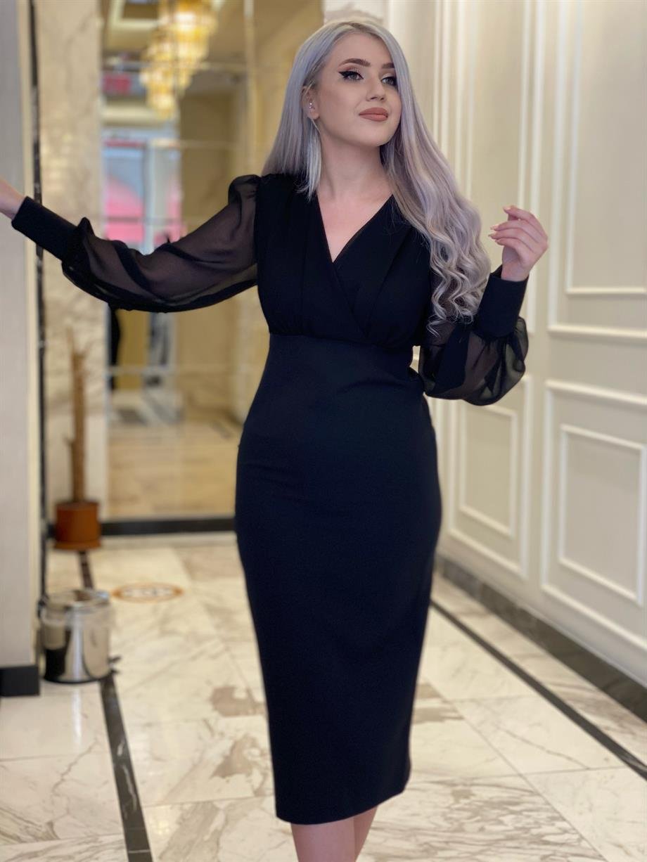 Siyah Kruvaze Yaka Şifon Kol Kalem Elbise