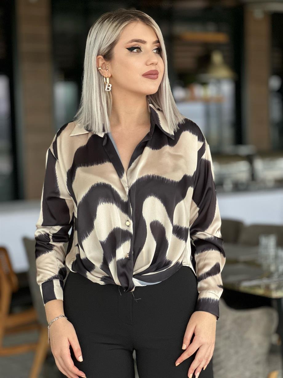 Siyah Ön Düğümlü İpek Saten Gömlek 