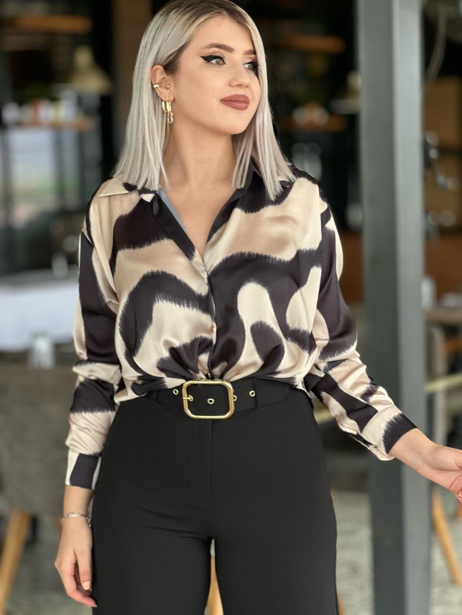 Siyah Ön Düğümlü İpek Saten Gömlek 