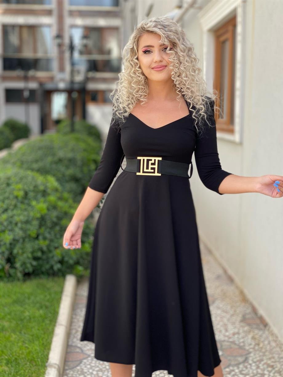 Siyah Prenses Model Kloş Elbise