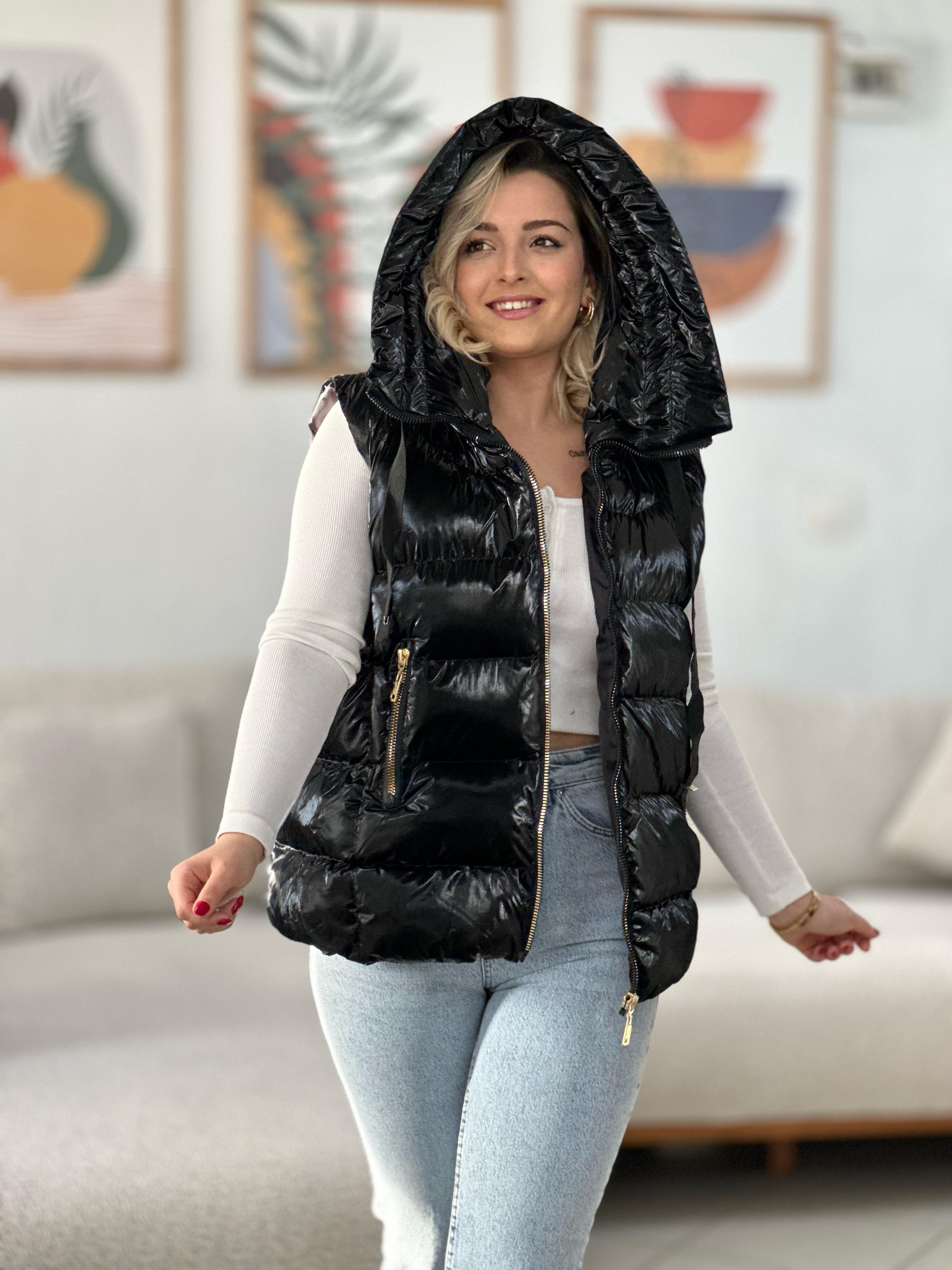 Siyah Tasarım Parlak Puffer Yelek