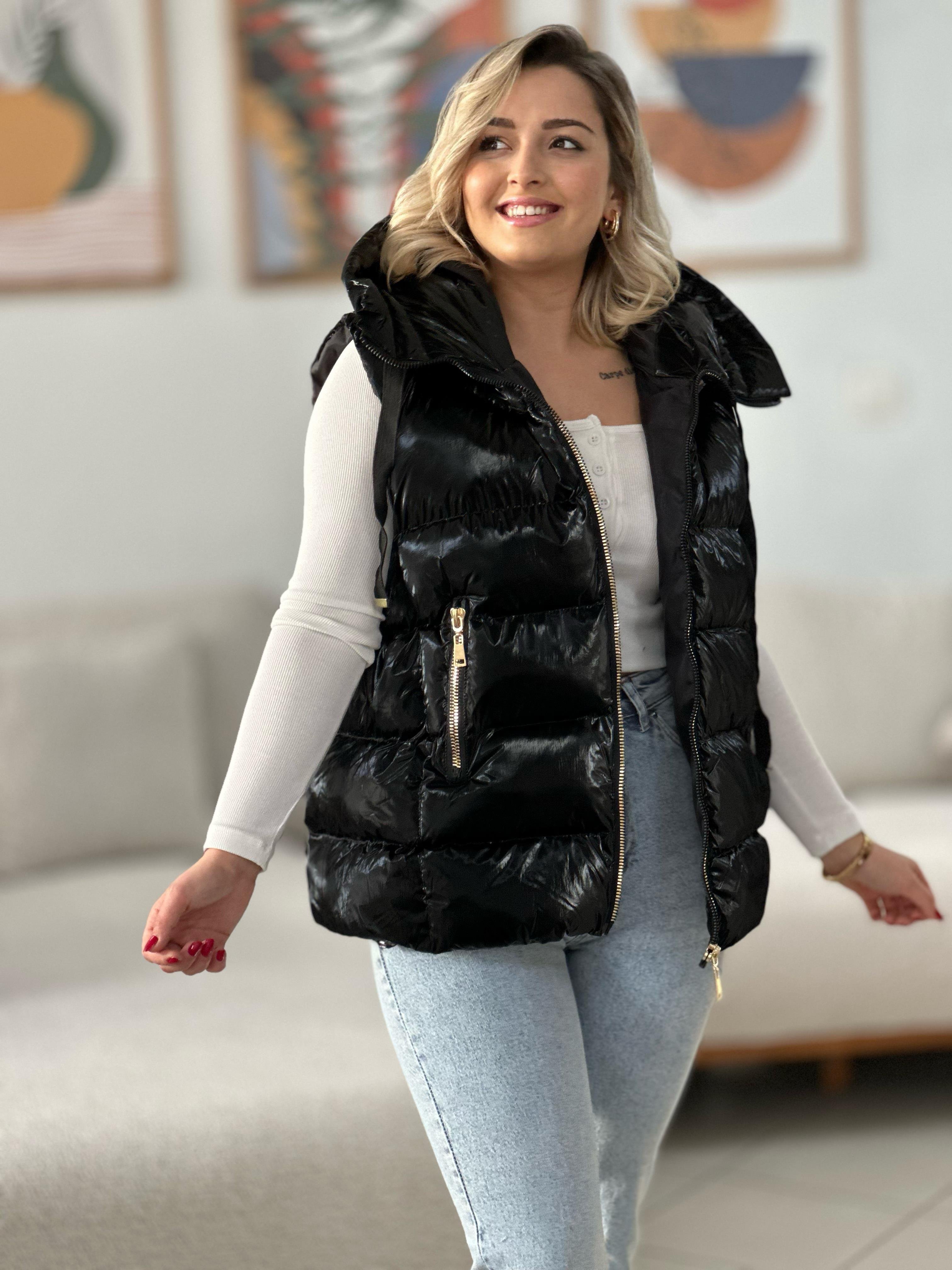 Siyah Tasarım Parlak Puffer Yelek