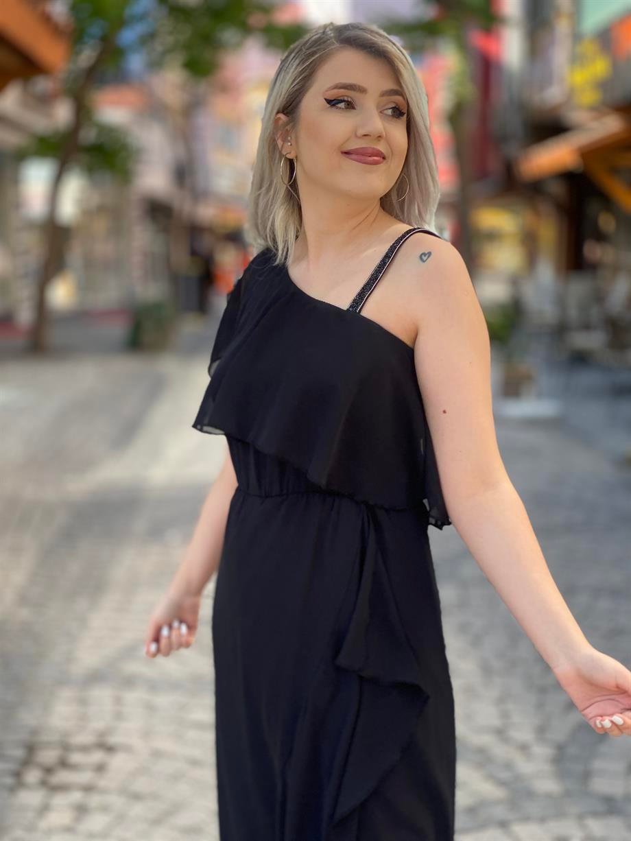 Siyah Tek Omuz Taşlı Şifon Elbise