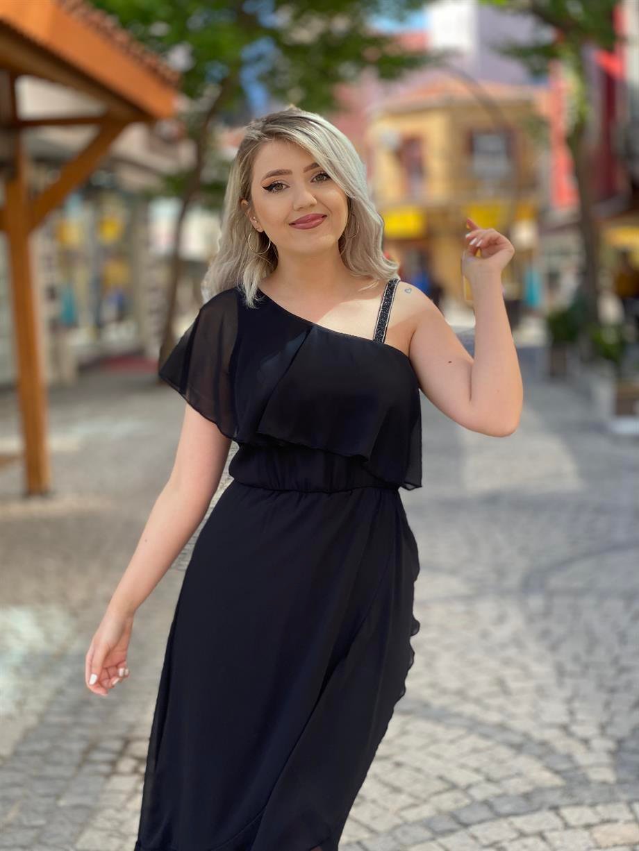 Siyah Tek Omuz Taşlı Şifon Elbise