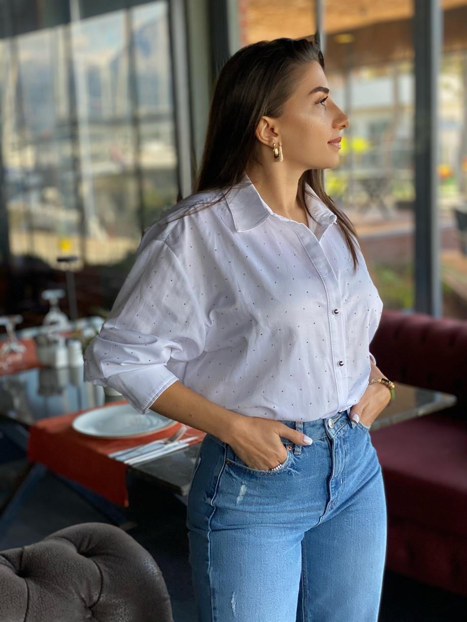 Taş İşlemeli Oversize Gömlek 
