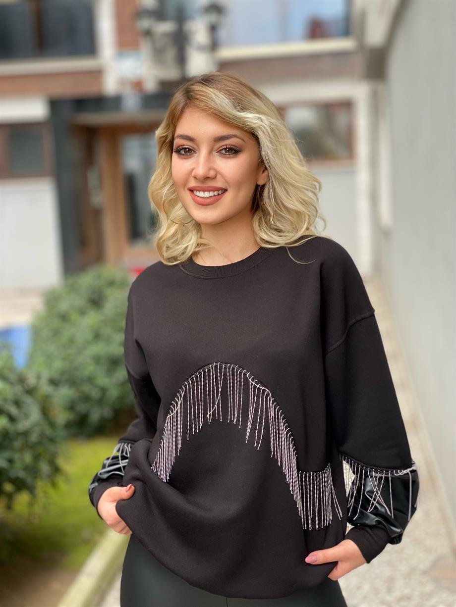 Tasarım Deri Detaylı Sweat 