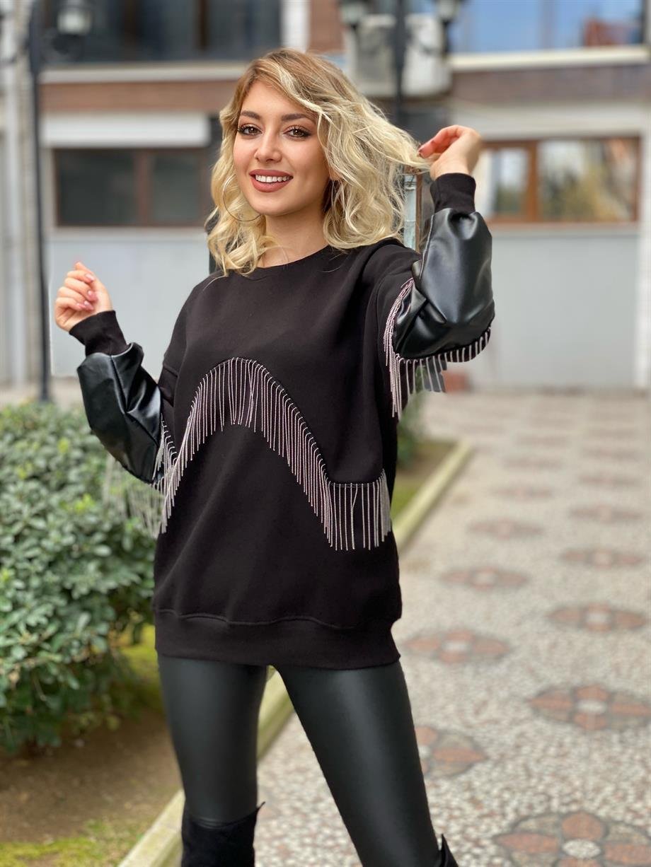 Tasarım Deri Detaylı Sweat 