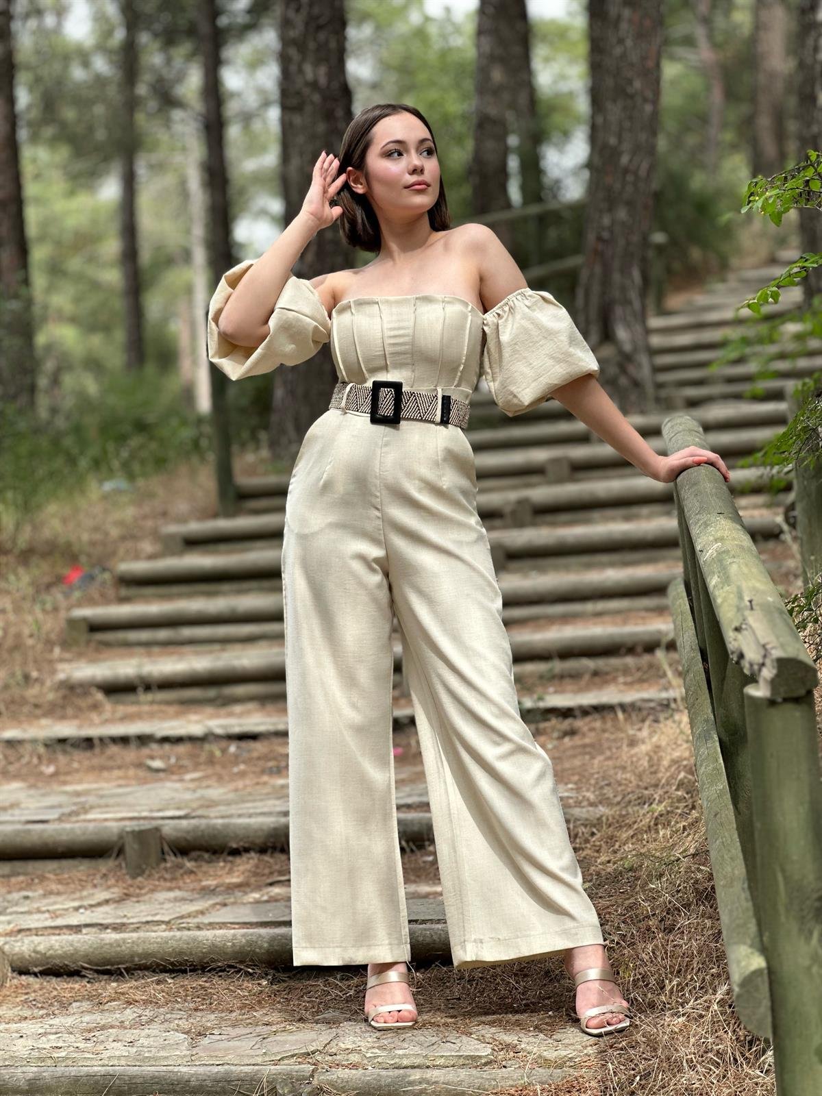 Tasarım Kemerli Balon Kol Tulum