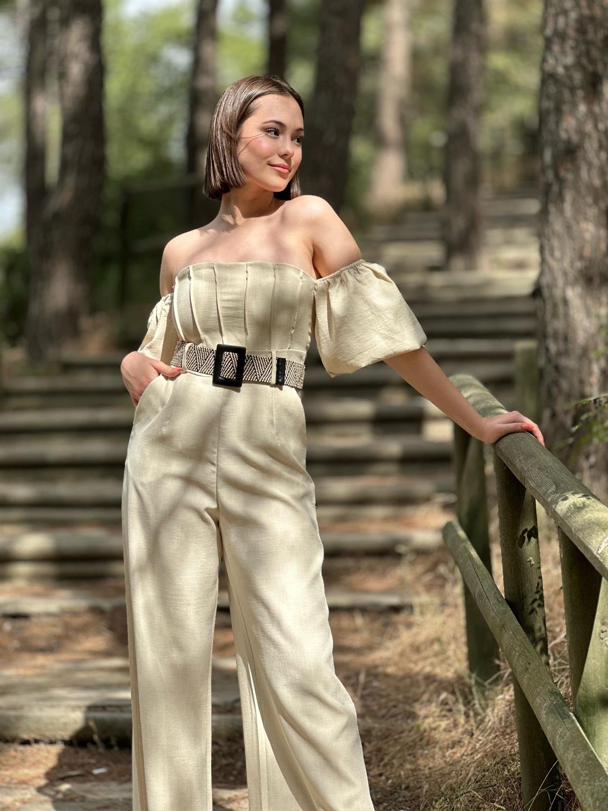 Tasarım Kemerli Balon Kol Tulum
