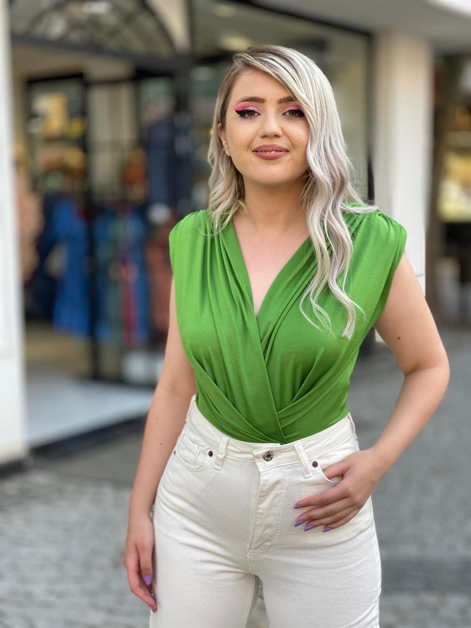 Tasarım Omuz Vatkalı Yeşil Bodysuit 