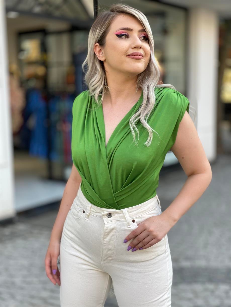 Tasarım Omuz Vatkalı Yeşil Bodysuit 