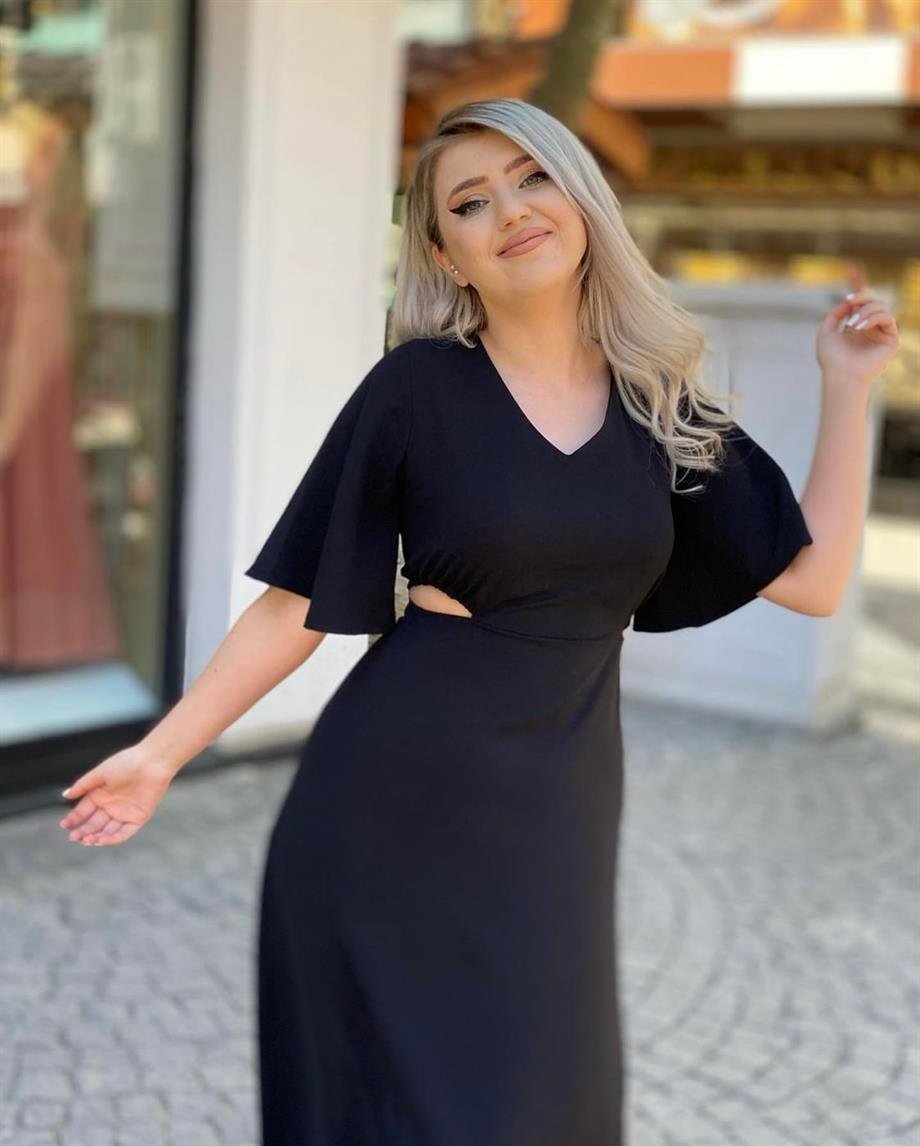 Tasarım Siyah Ayrobin Keten Elbise
