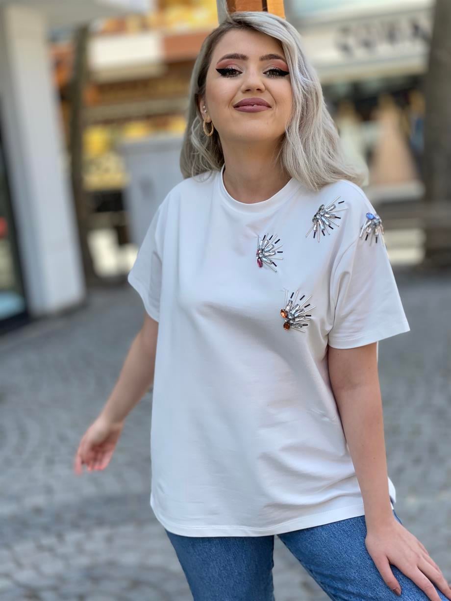 Tasarım Taşlı Beyaz Tişört 