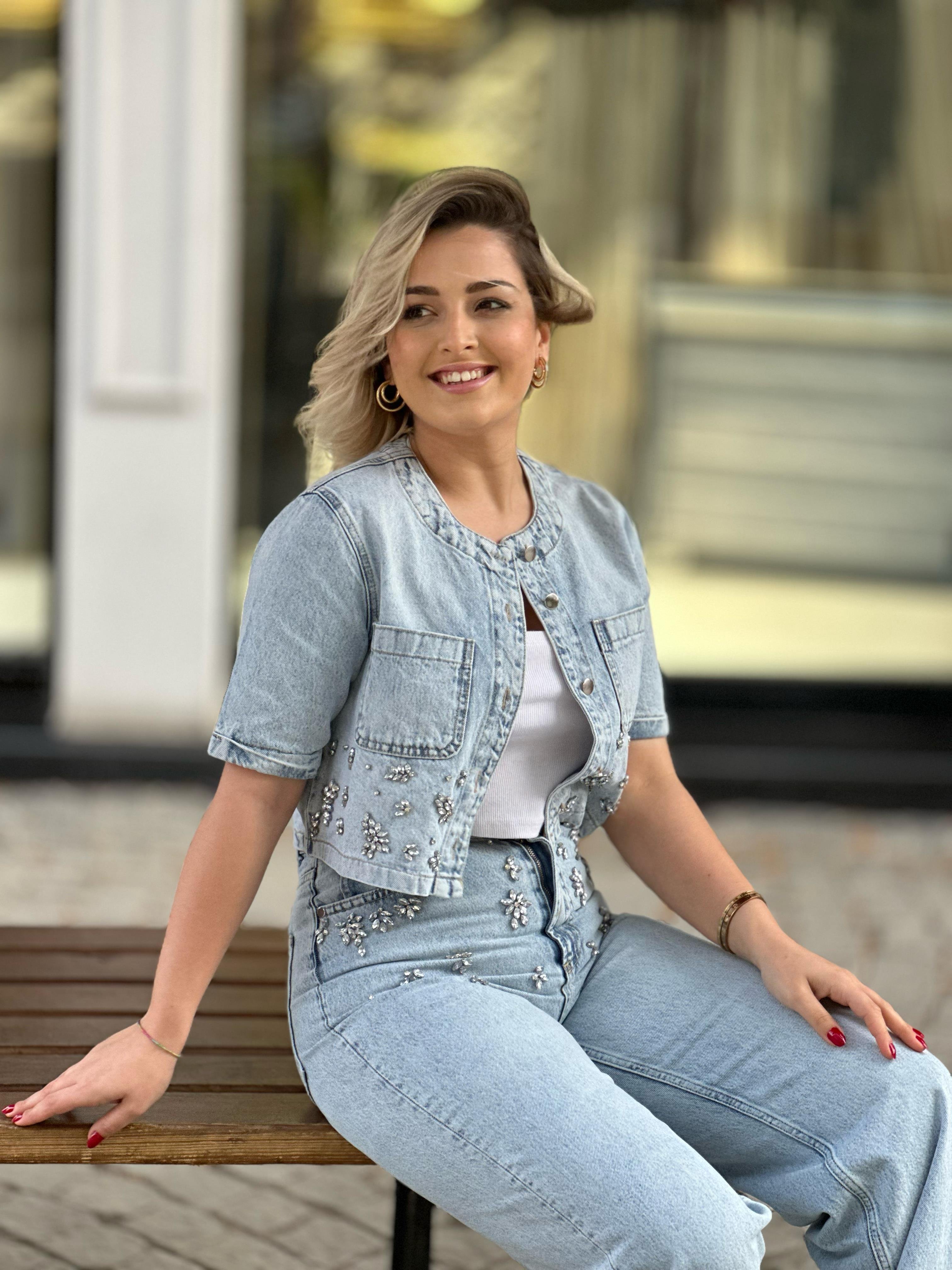 Taşlı Kısa Kot Gömlek