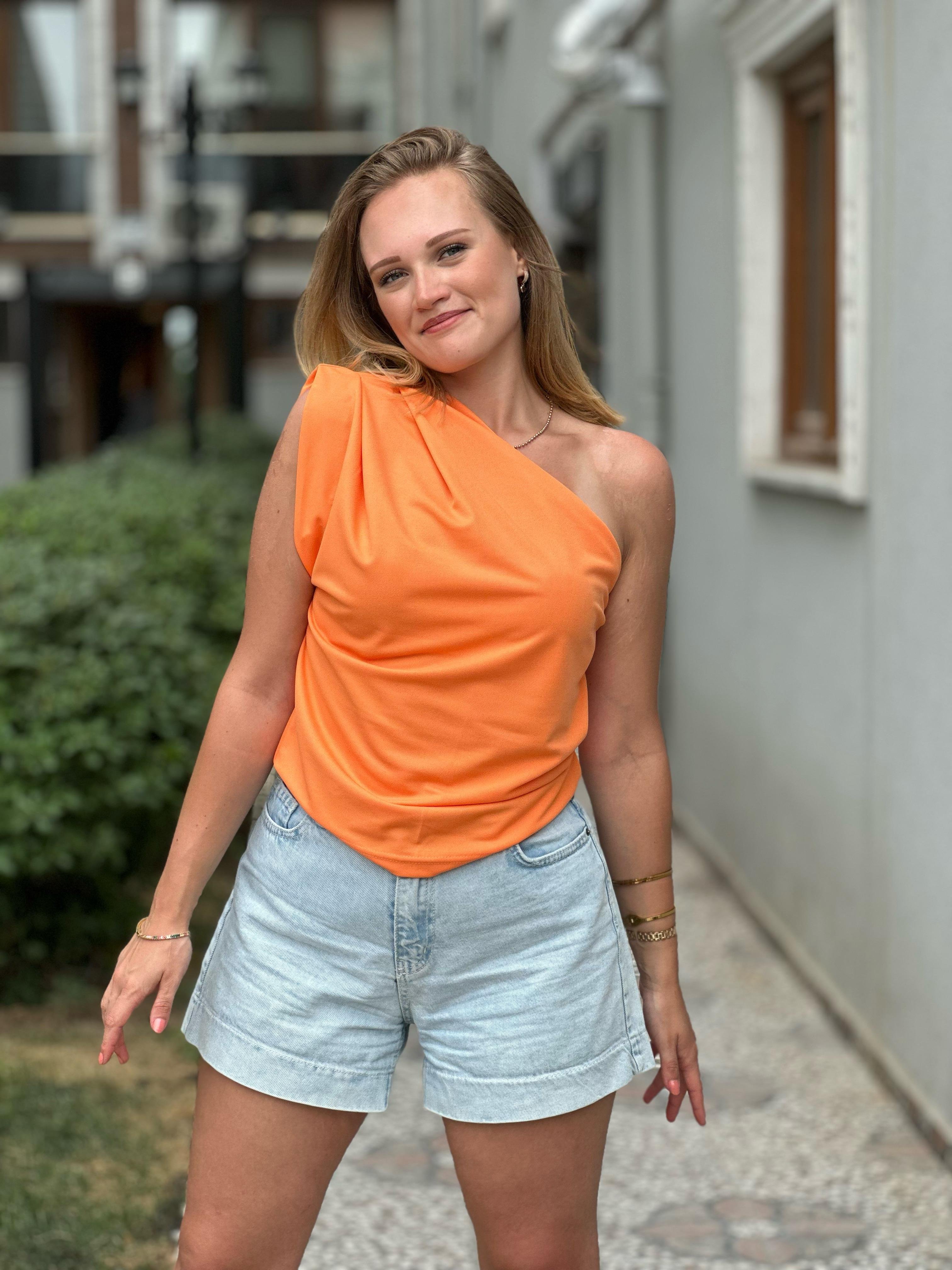 Tek Omuz Drapeli Oranj Bluz