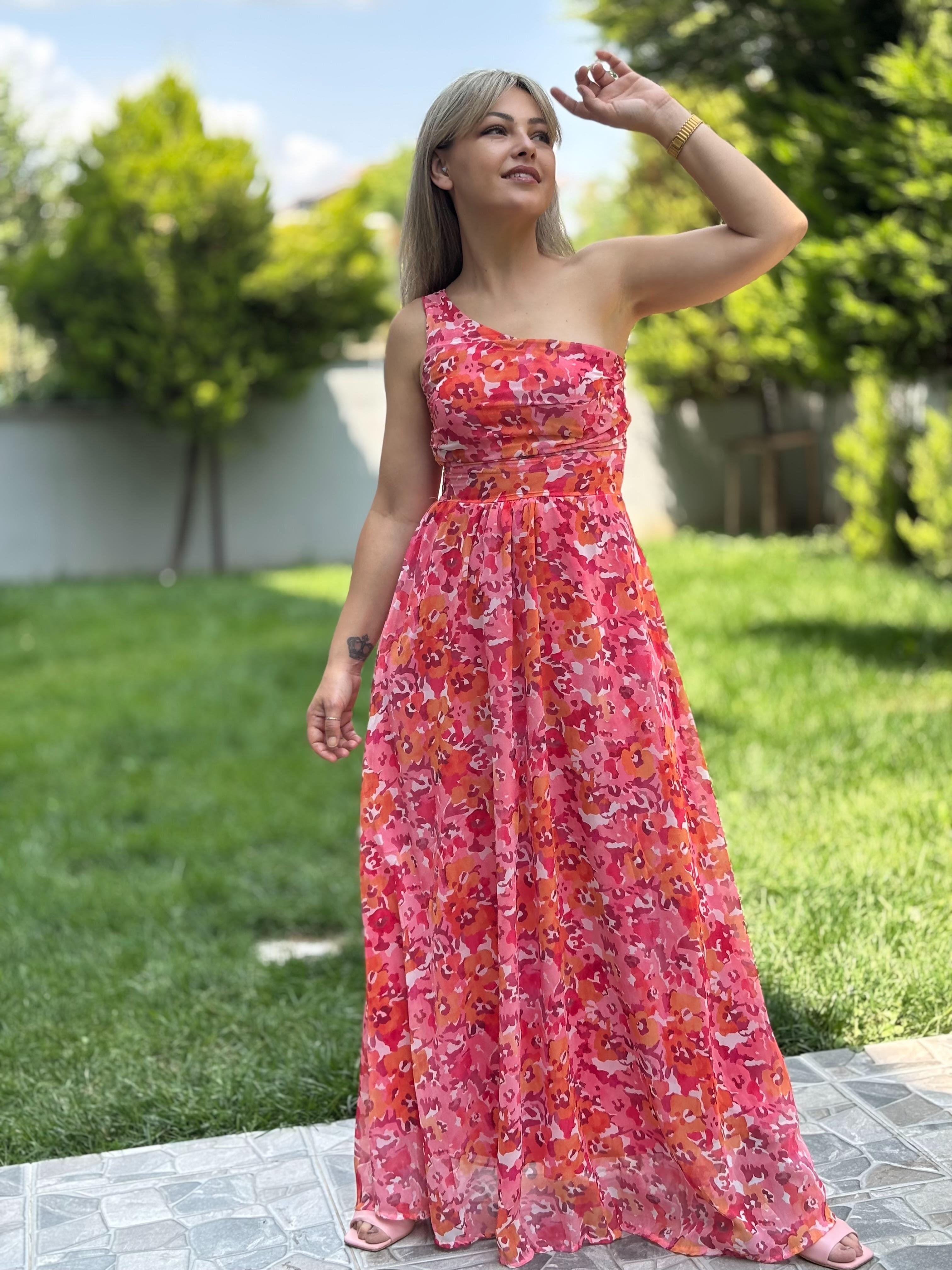 Tek Omuz Şifon Elbise