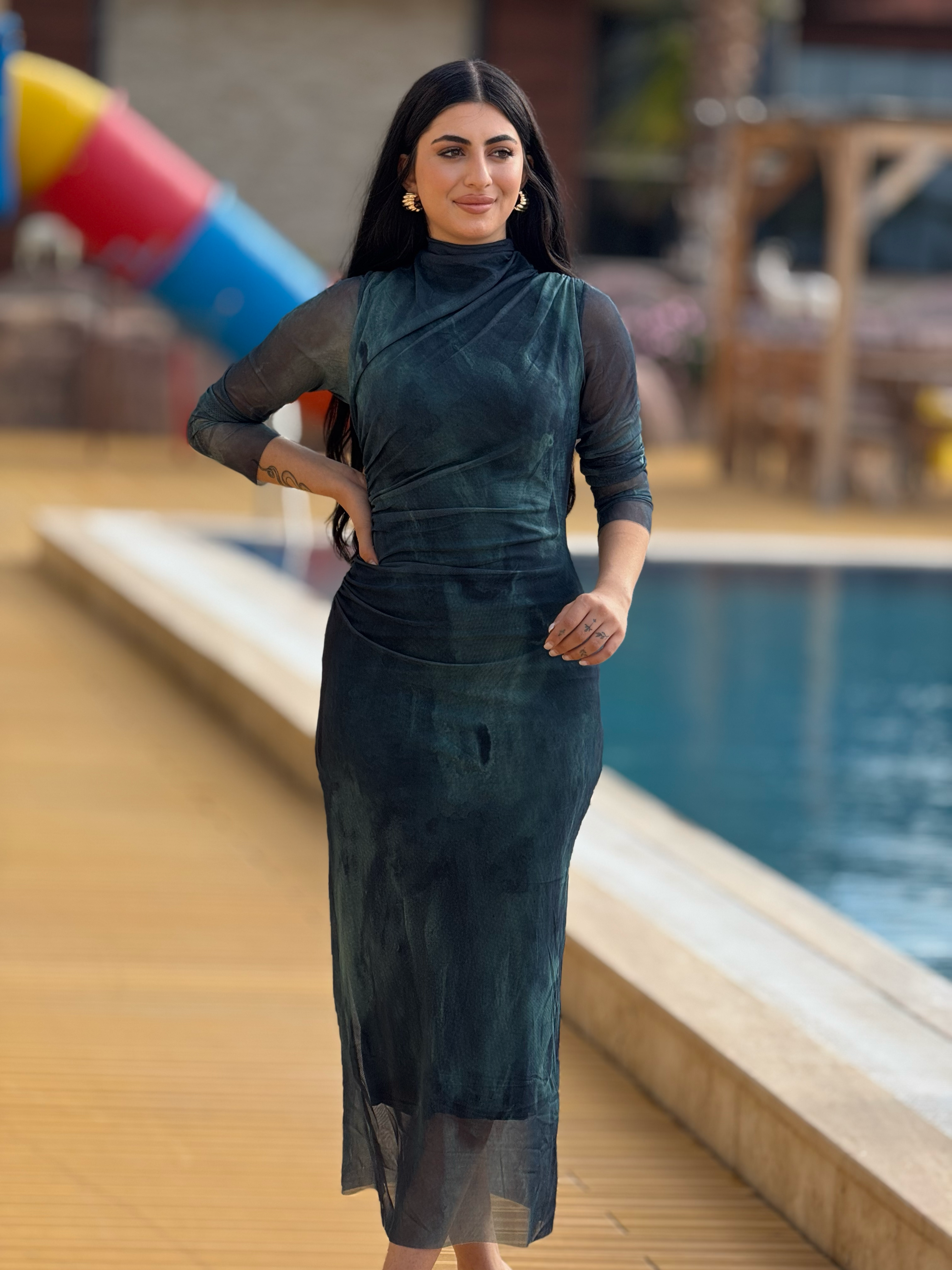Tül Drape Detaylı Turkuaz Elbise