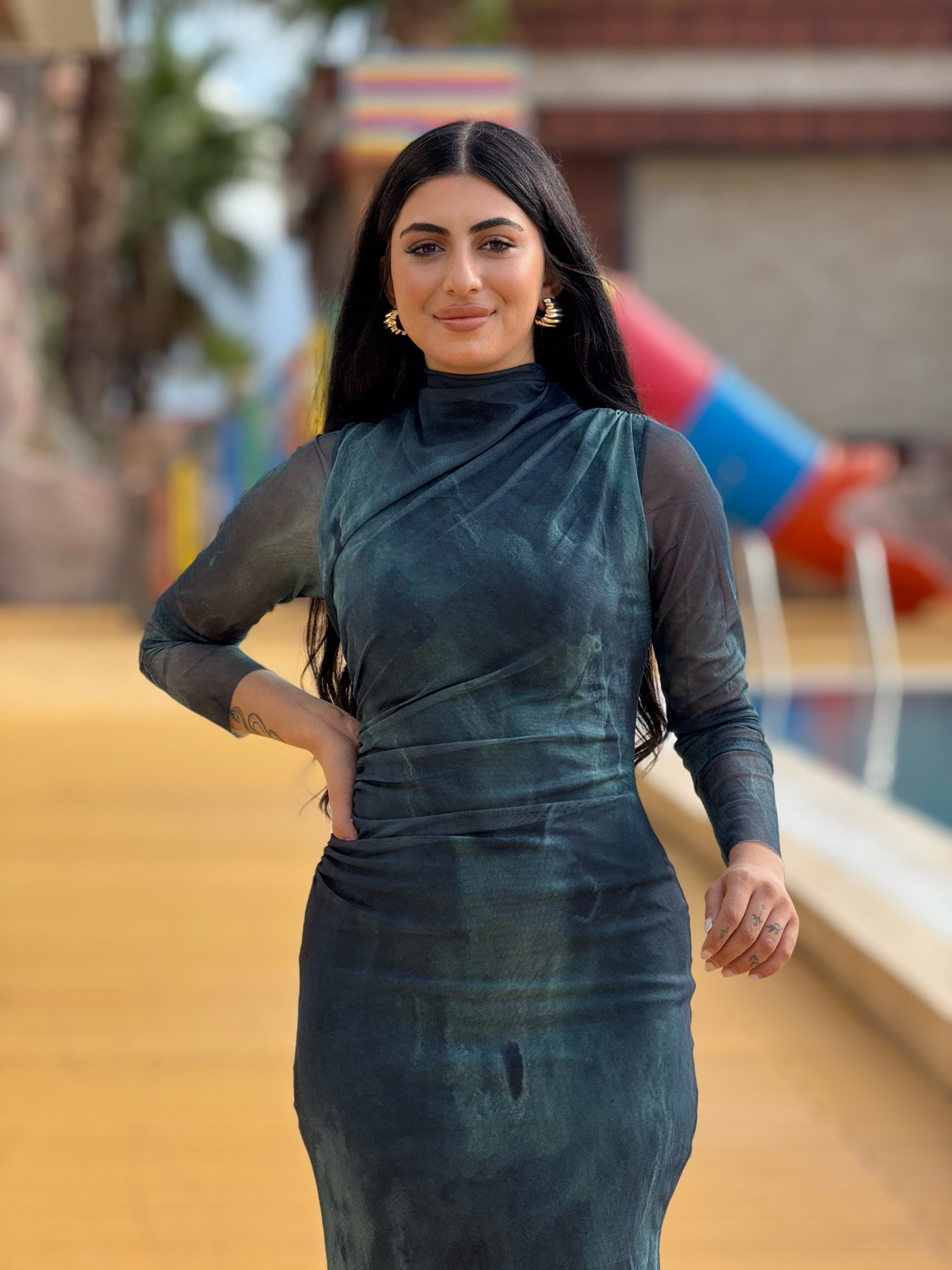 Tül Drape Detaylı Turkuaz Elbise