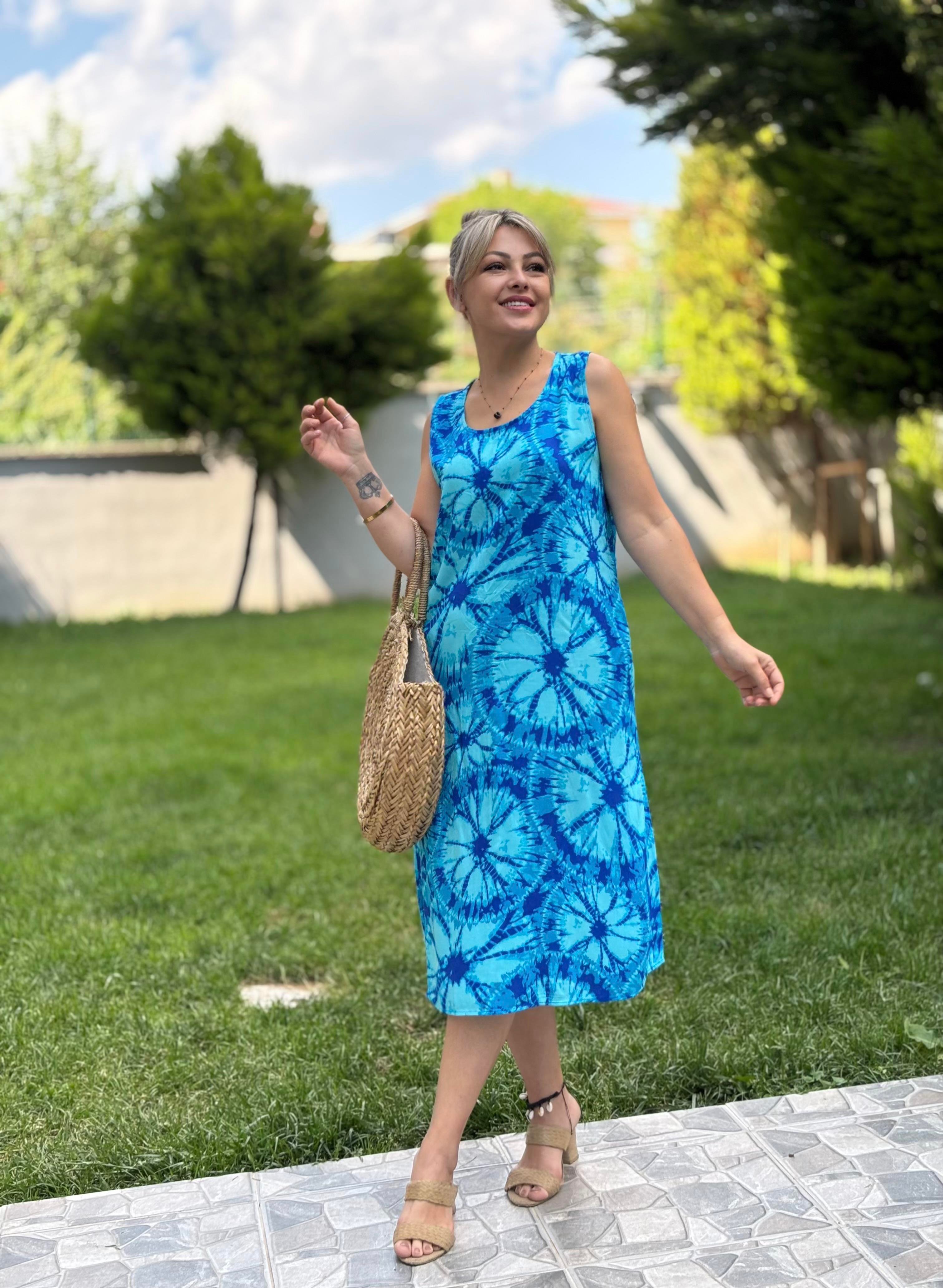 Turkuaz Cepli Askılı Elbise