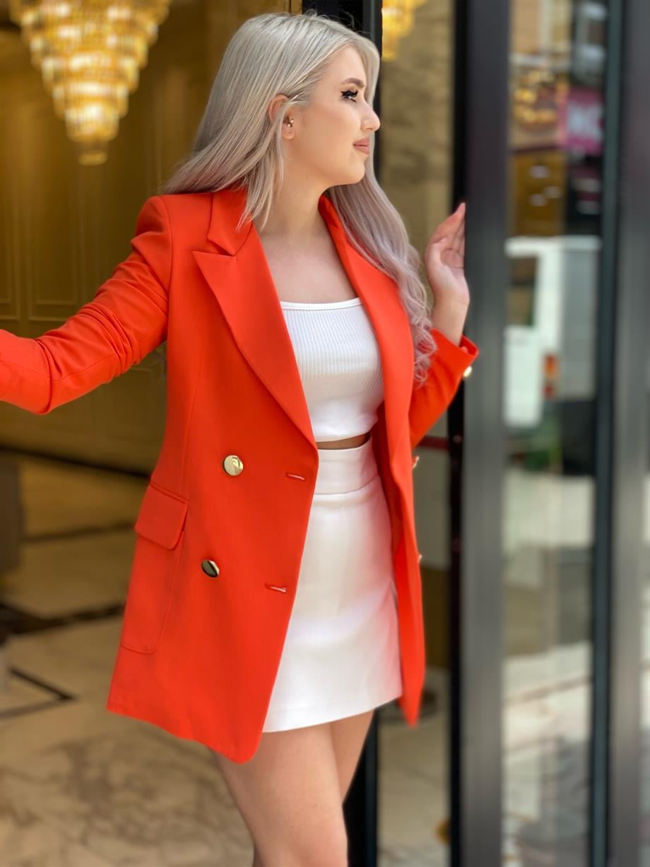 Turuncu Atlas Kapaklı Cep Blazer