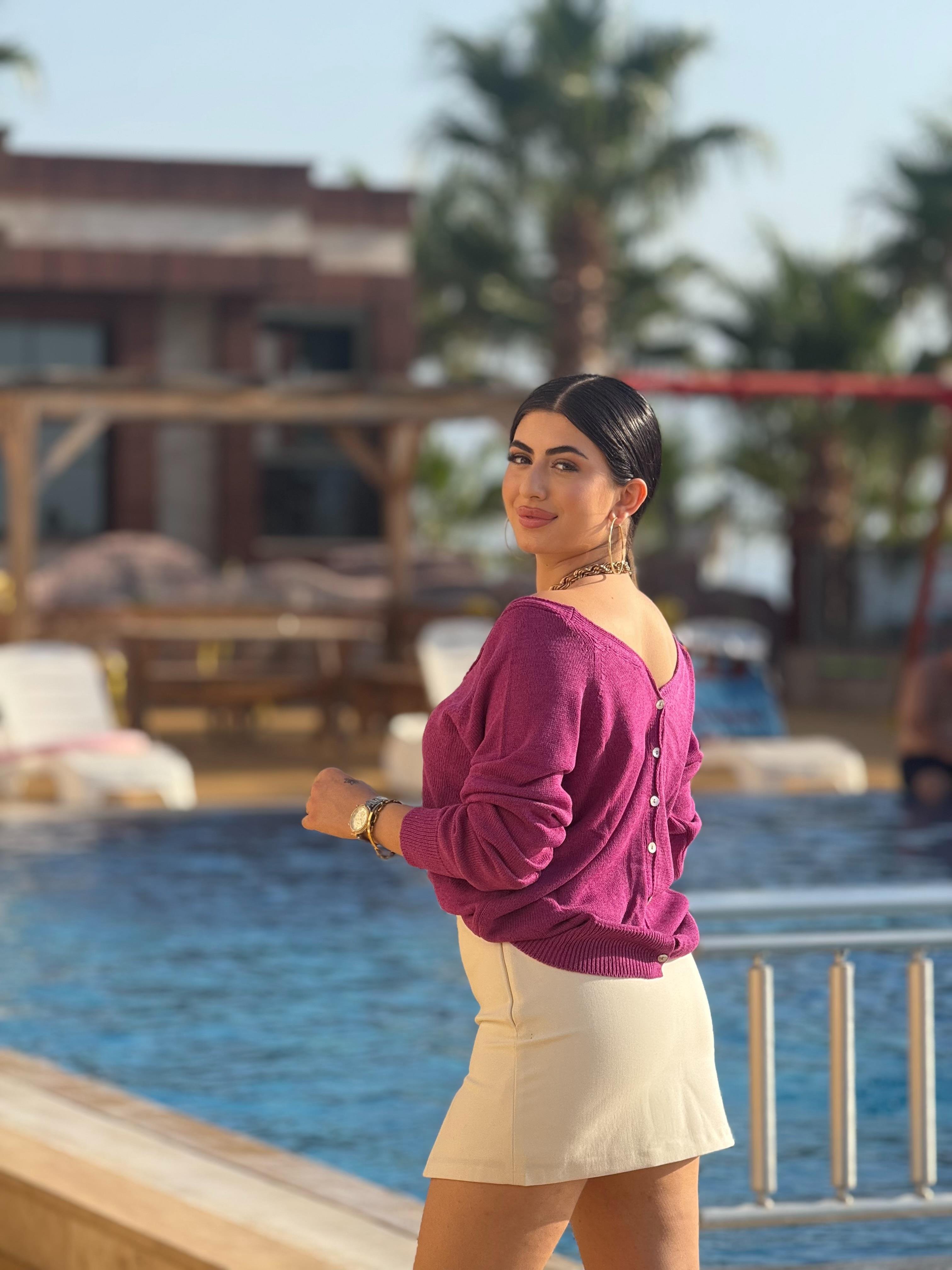 V Yaka Çift Düğmeli Hırka Ahududu