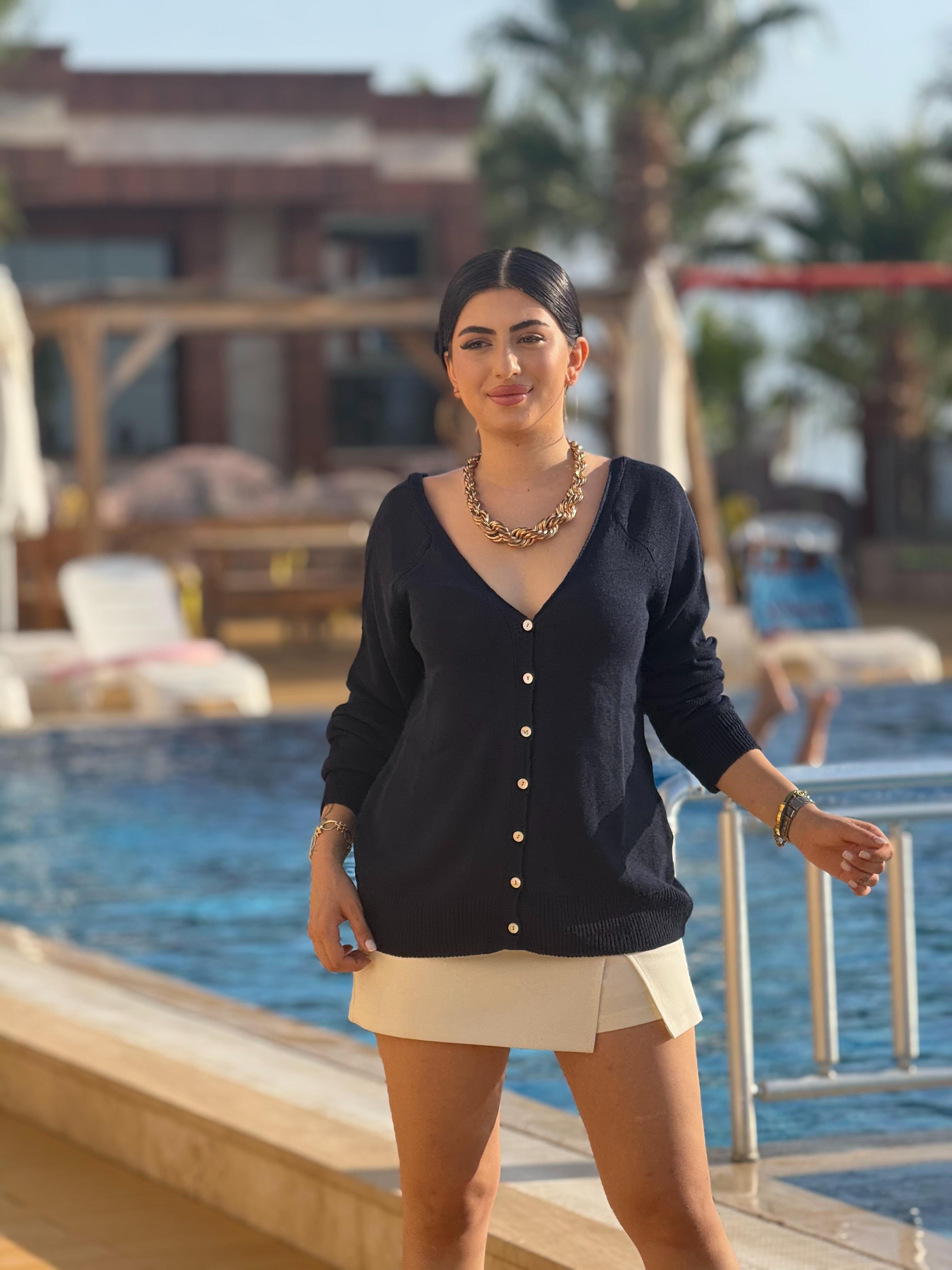 V Yaka Çift Düğmeli Hırka Lacivert