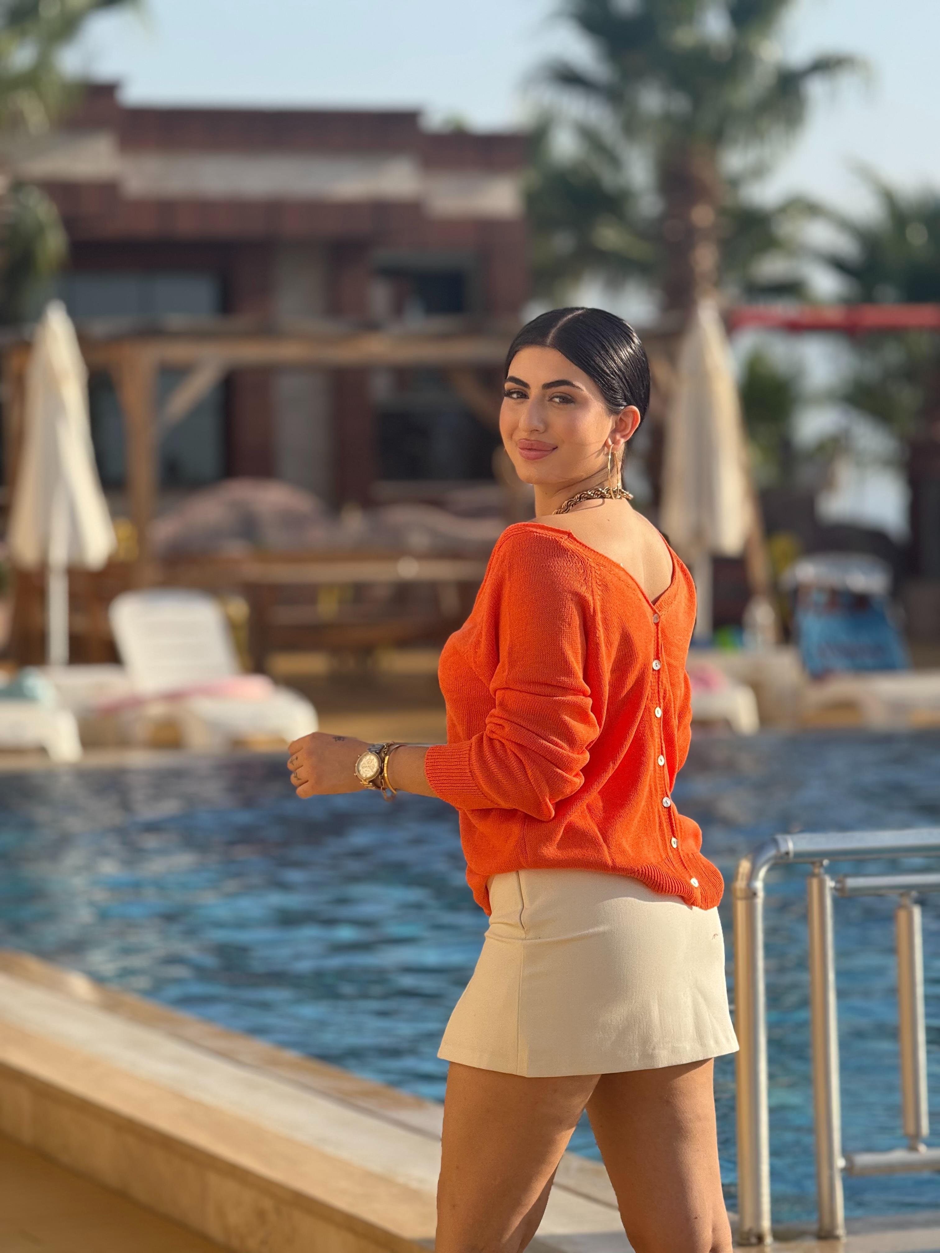 V Yaka Çift Düğmeli Hırka Oranj