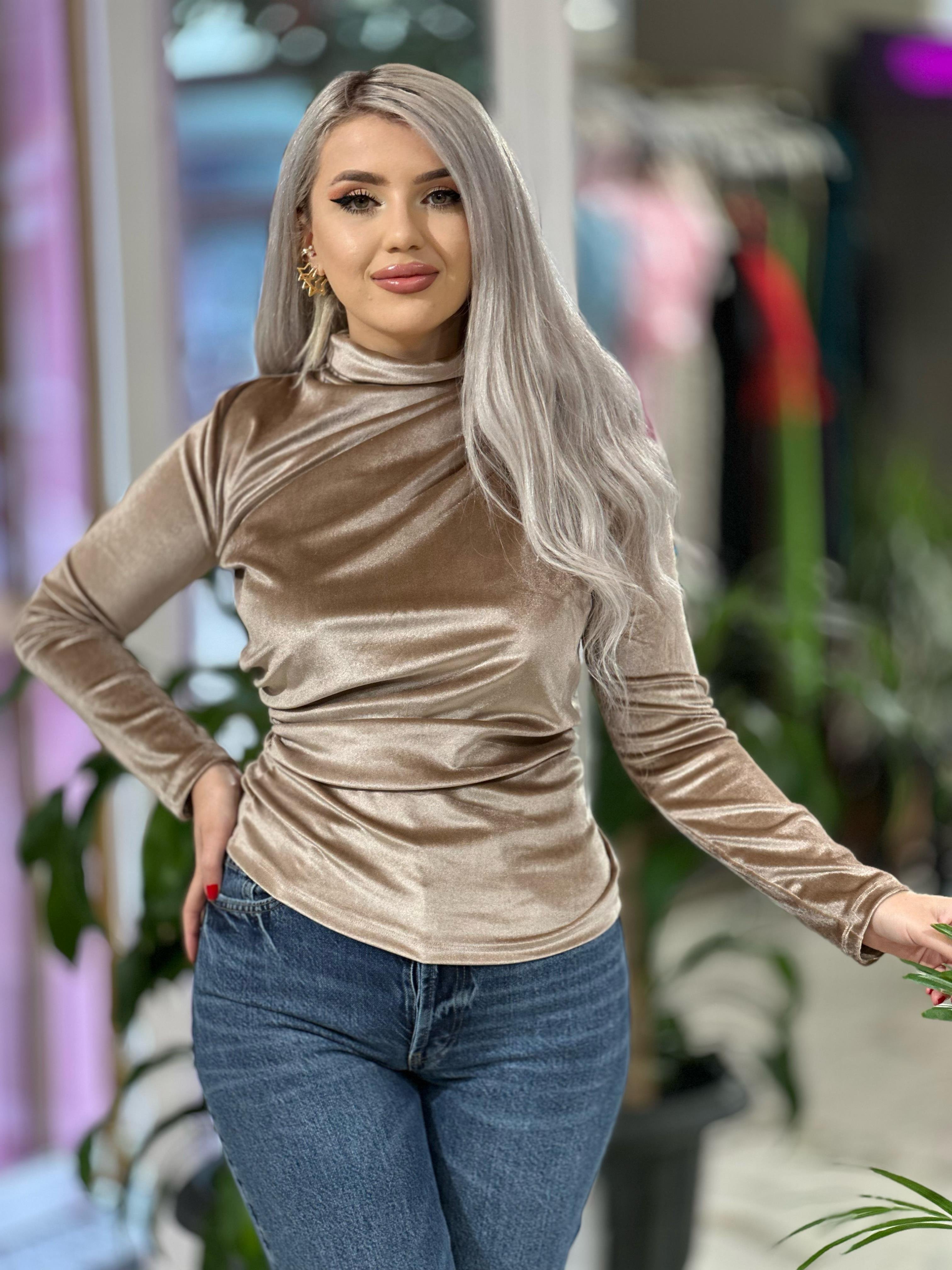Vizon kadife Drapeli Bluz