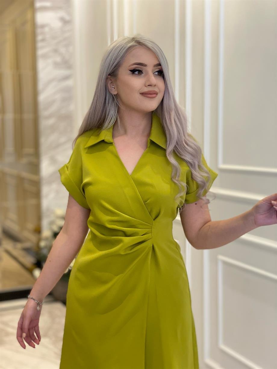 Yağ Yeşili Duble Kumaş Elbise