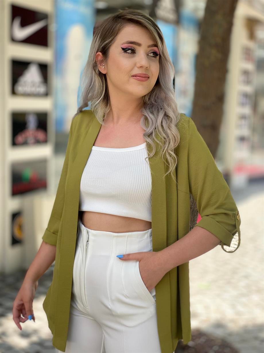 Yağ Yeşili Krinkıl Kumaş Duble Kol Ceket