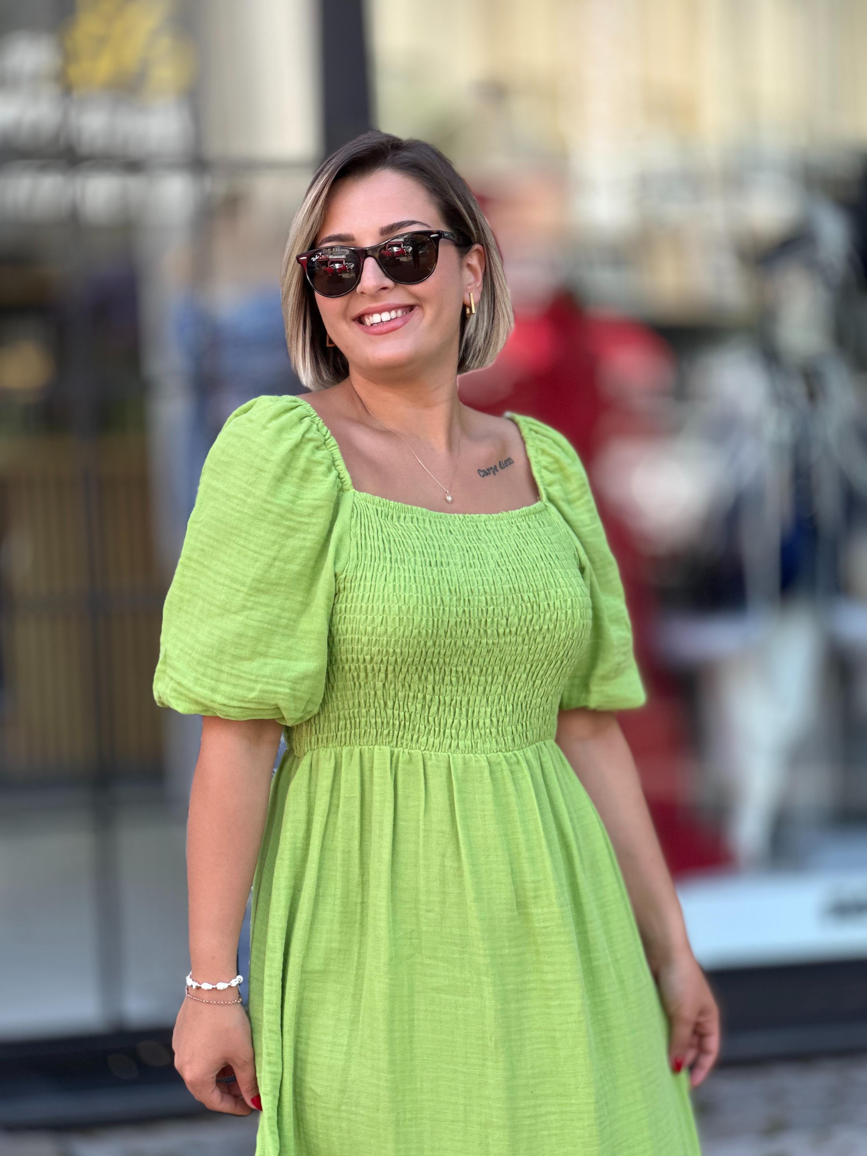 Yağ Yeşili Müslin Elbise