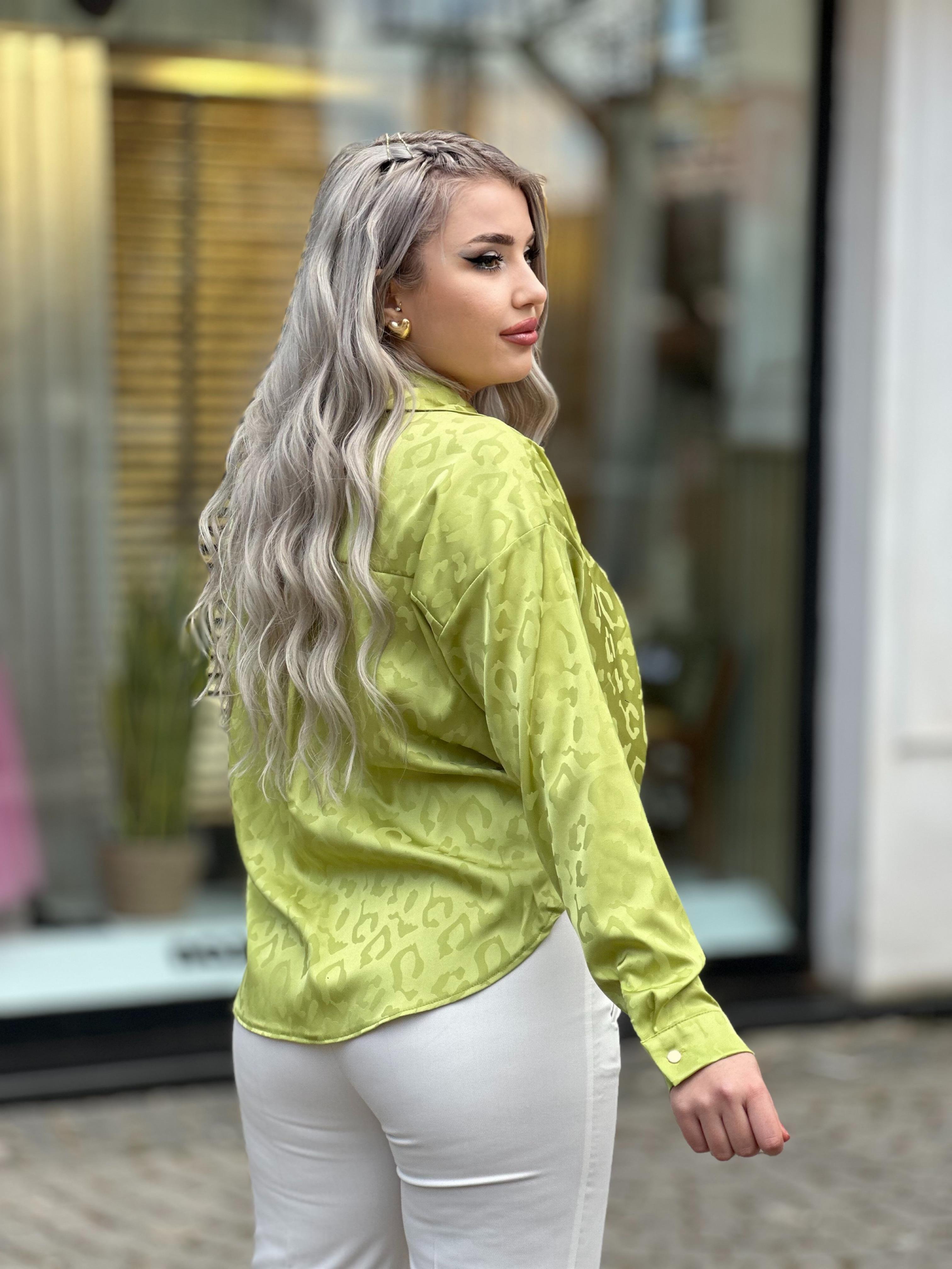 Yağ Yeşili Önü Düğümlü Saten Gömlek 