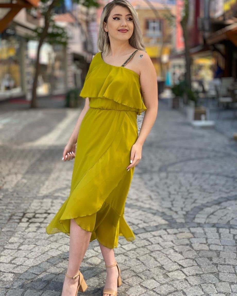 Yağ Yeşili Tek Omuz Taşlı Şifon Elbise 