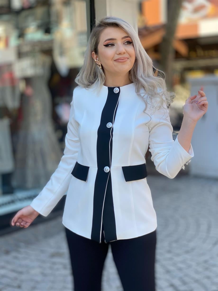 Yakasız Şerit Detaylı Blazer Ceket