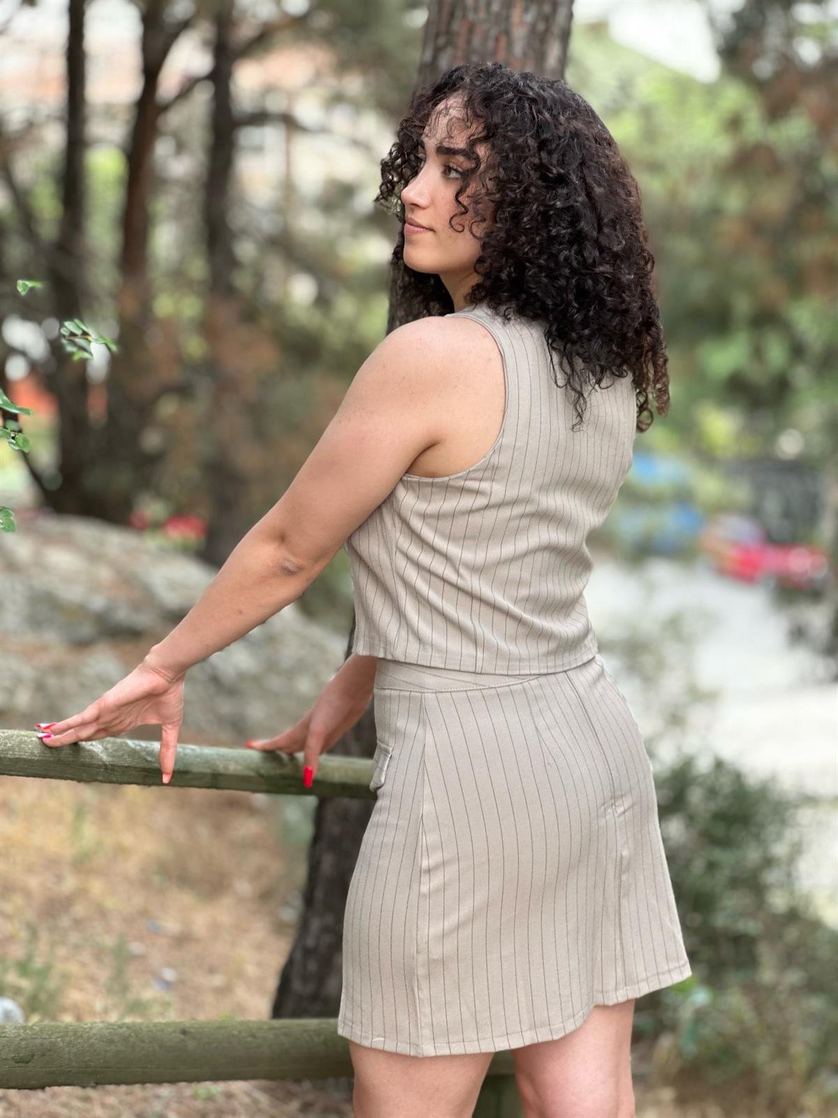 Yelekli Çizgili Etek Takım