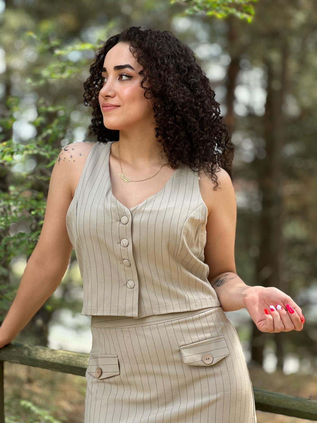 Yelekli Çizgili Etek Takım