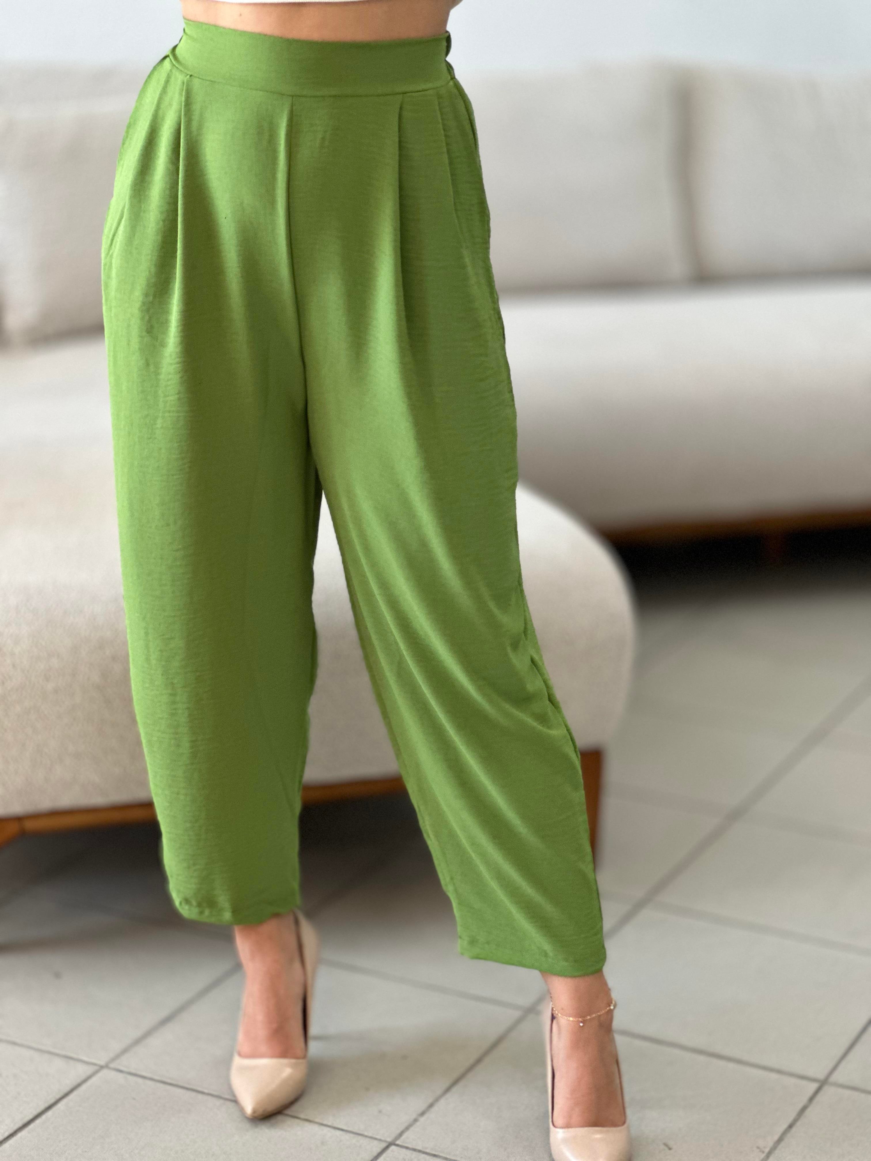 Yeşil Ayrobin Keten Havuç Pantalon