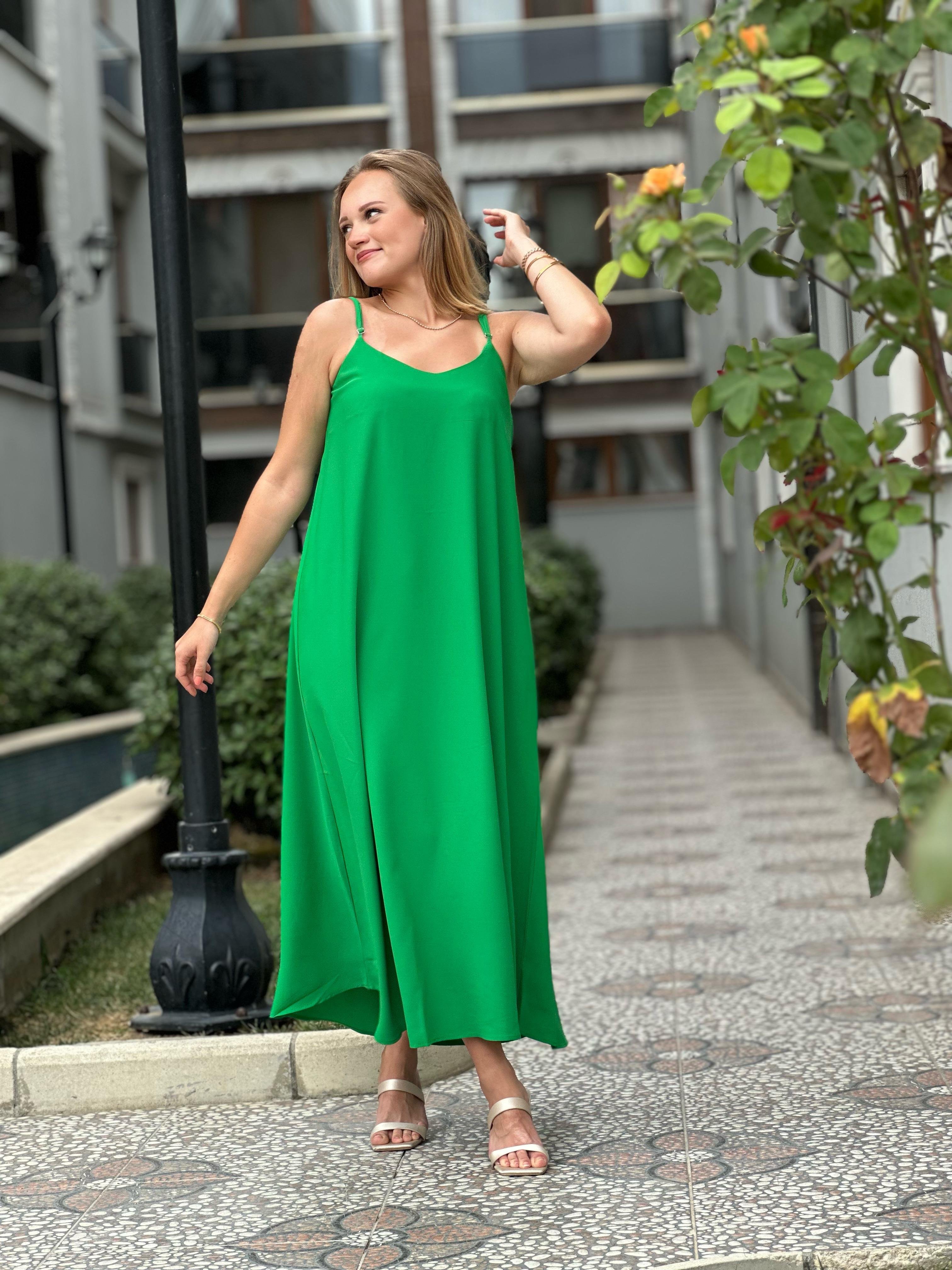 Yeşil Crep Kumaş Elbise