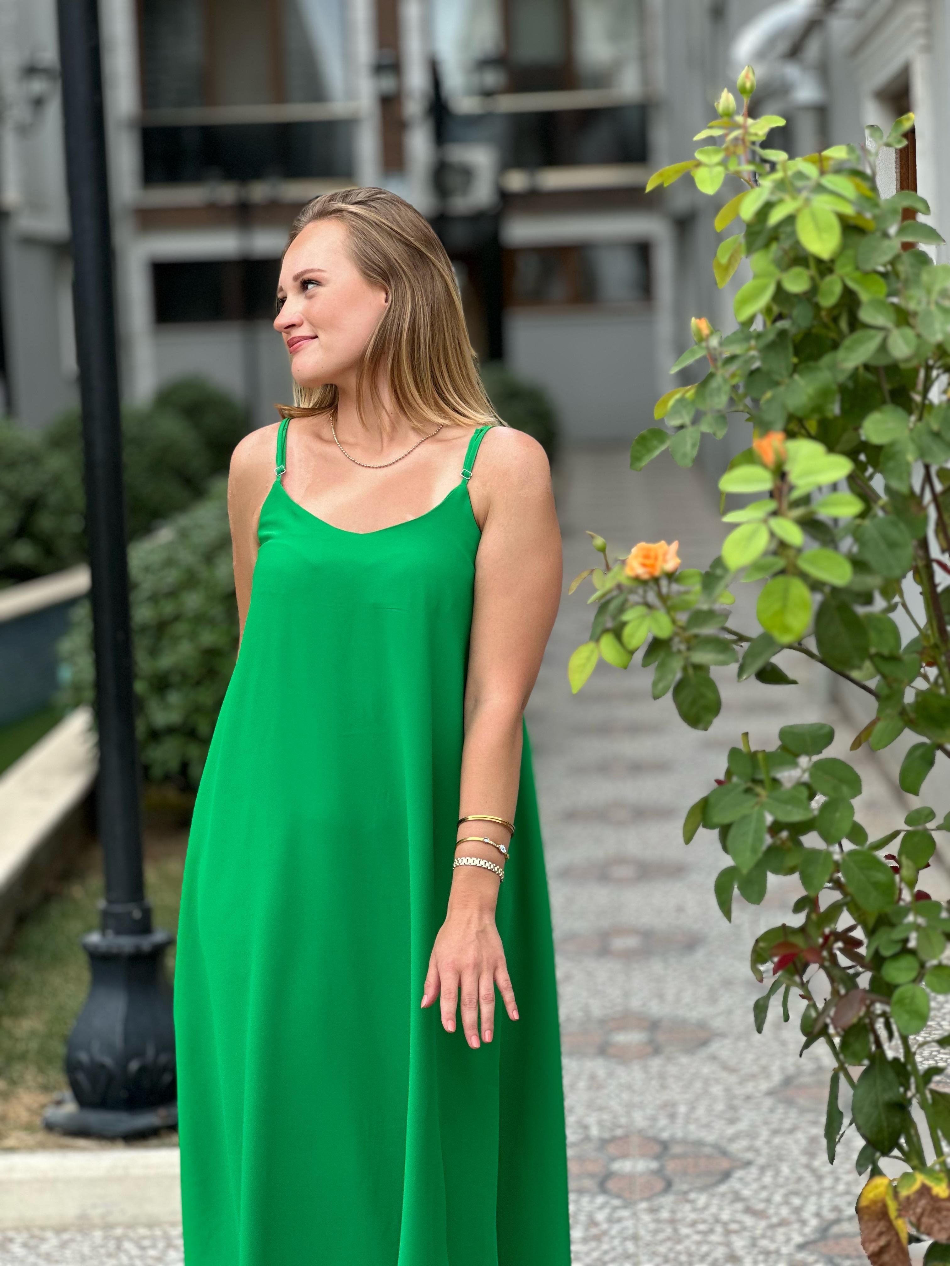 Yeşil Crep Kumaş Elbise