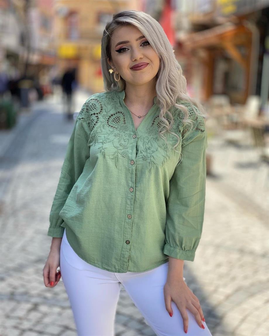 Yeşil Dokuma Keten Gömlek 