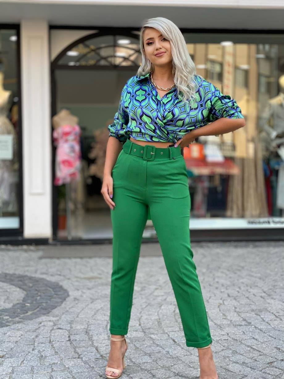 Yeşil Duble Paça Kemerli Pantalon
